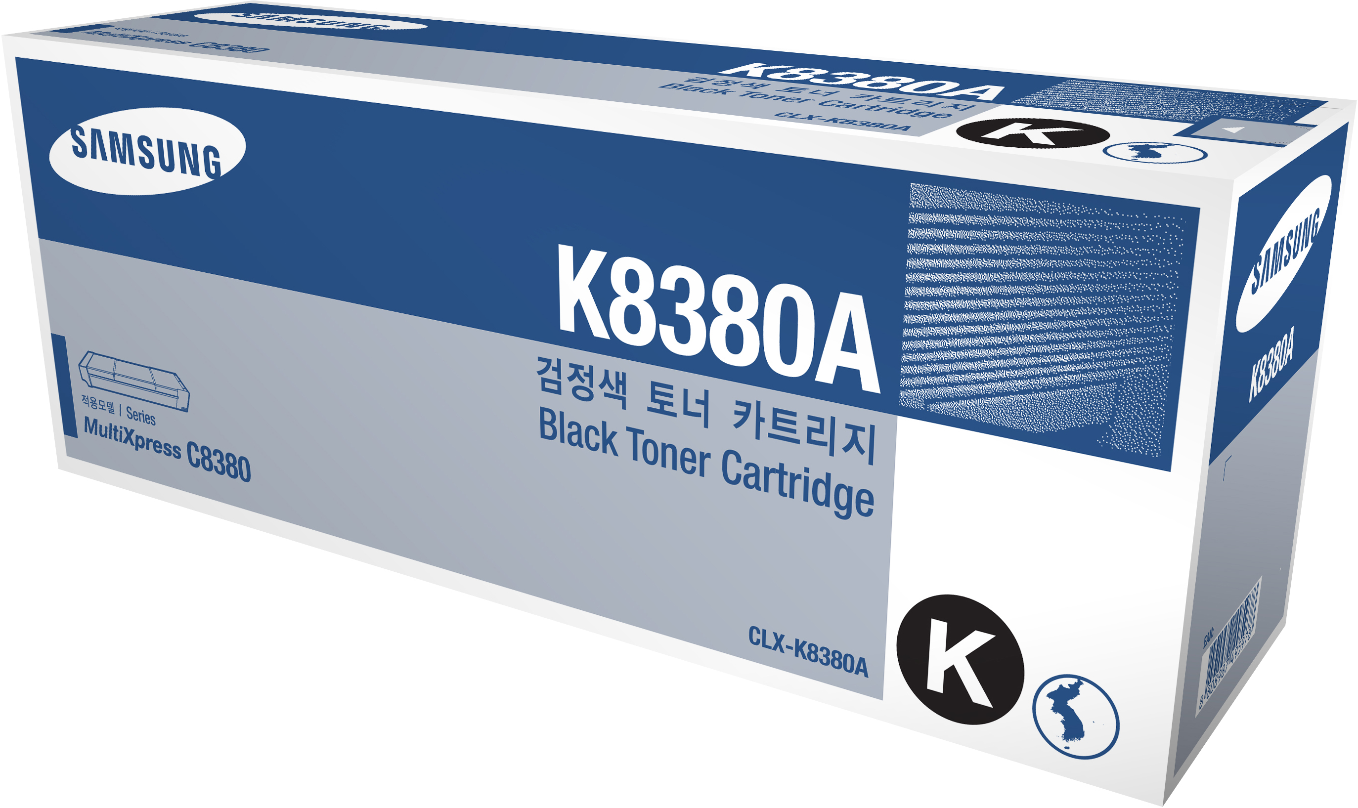 Caja de cartucho de tóner negro Samsung K8380A con detalles del producto, azul y blanco.