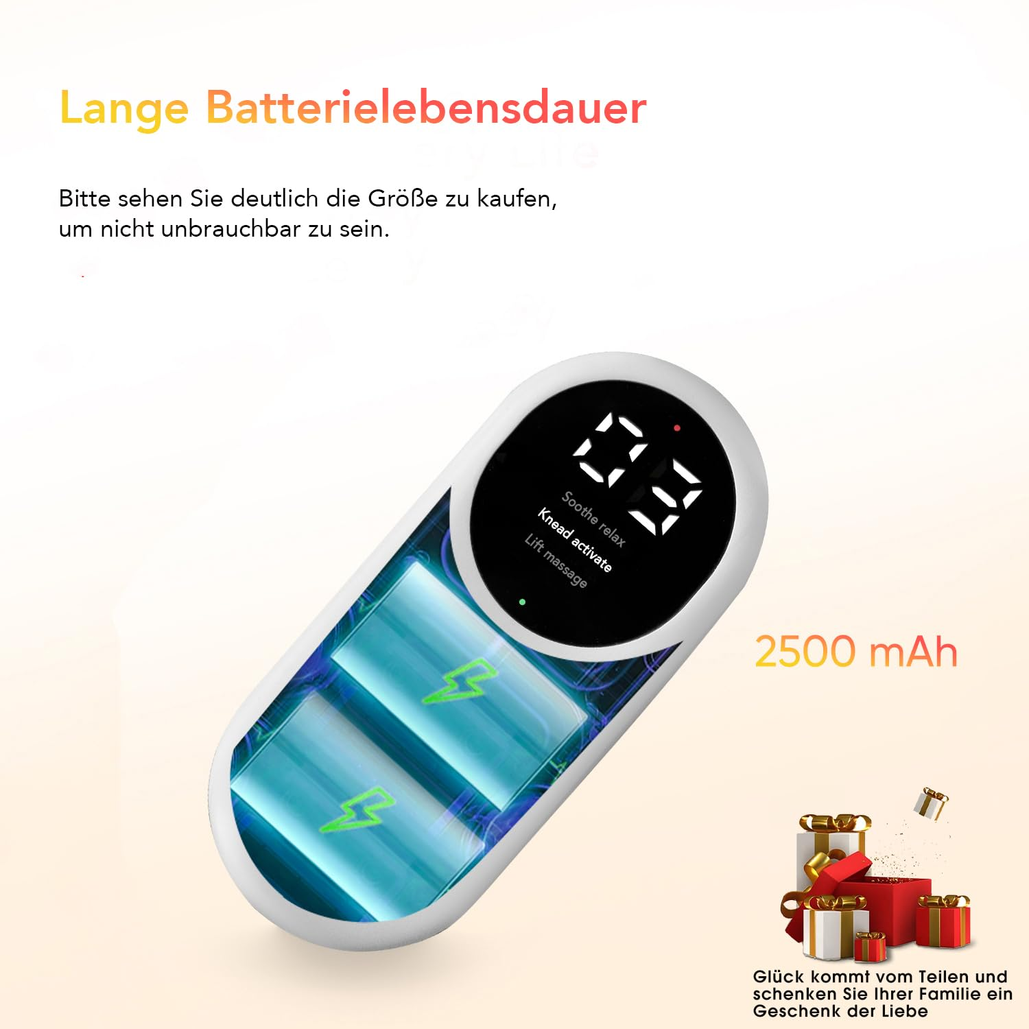 Gerät mit Display, das Zahlen zeigt, und Geschenkboxen, auf weiß-orangefarbenem Hintergrund.