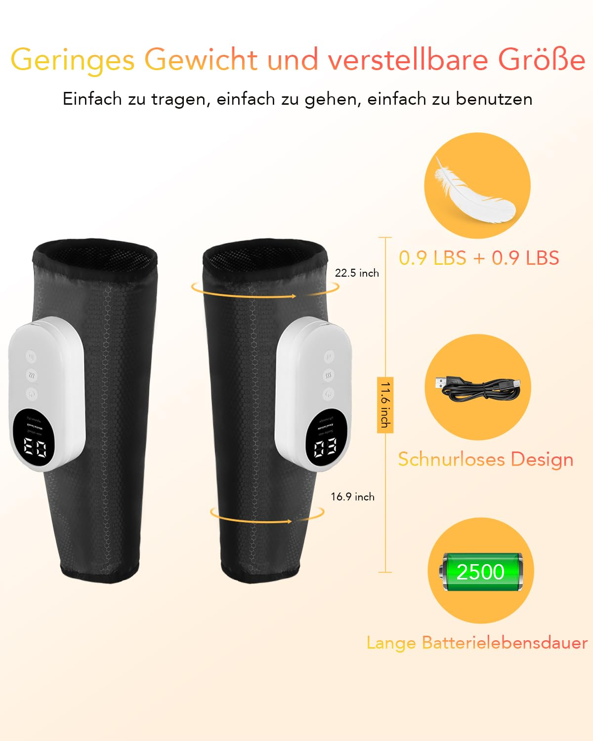 Zwei schwarze beheizte Beinwickel mit Steuereinheiten. Text über Gewicht, Größe und Akku.