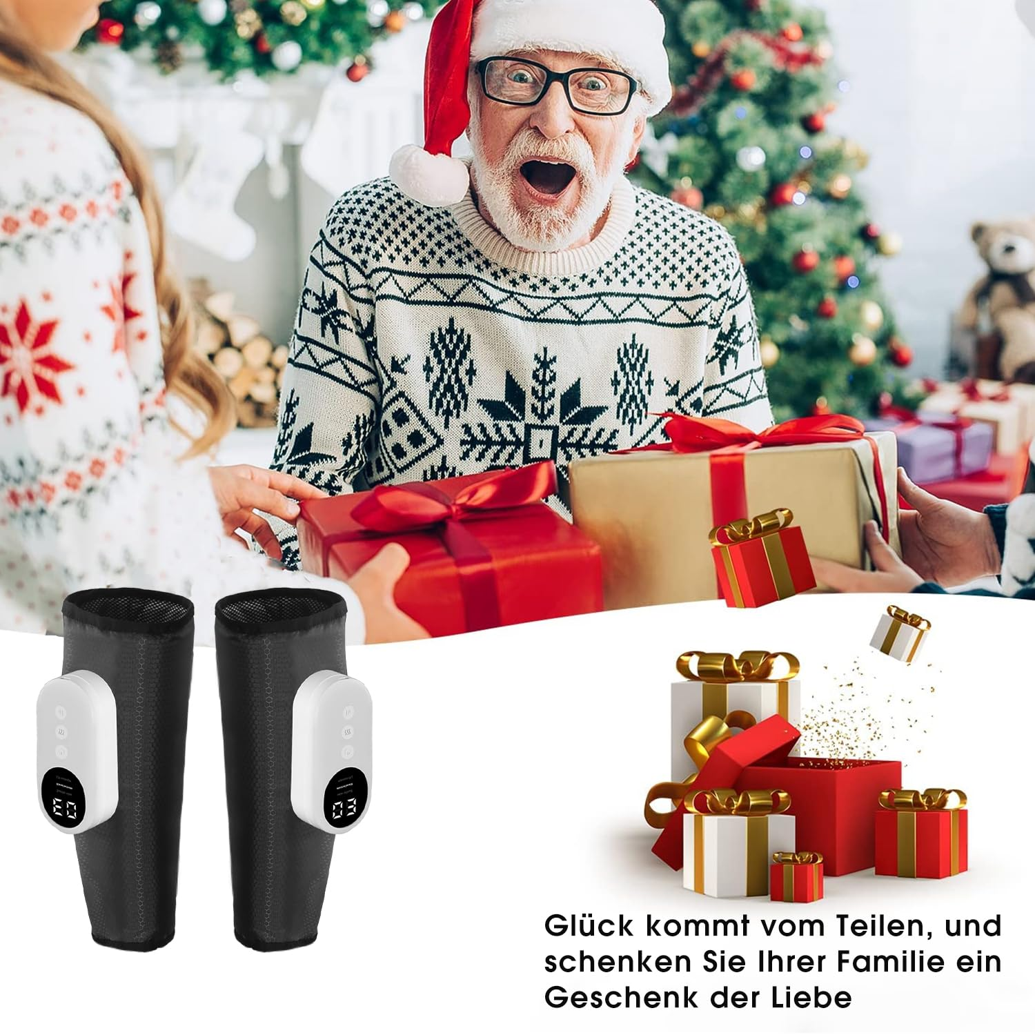 Glücklicher älterer Mann erhält Geschenke. Zwei schwarze beheizte Beinwickel sichtbar. Weihnachtsbaum im Hintergrund.