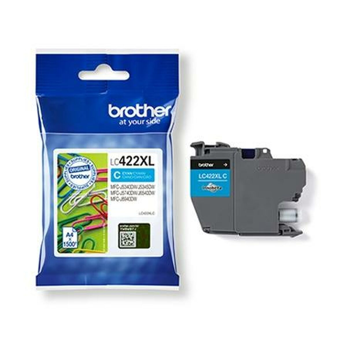 Cartucho de tinta Brother LC422XL en una bolsa de plástico. El cartucho es gris y azul.
