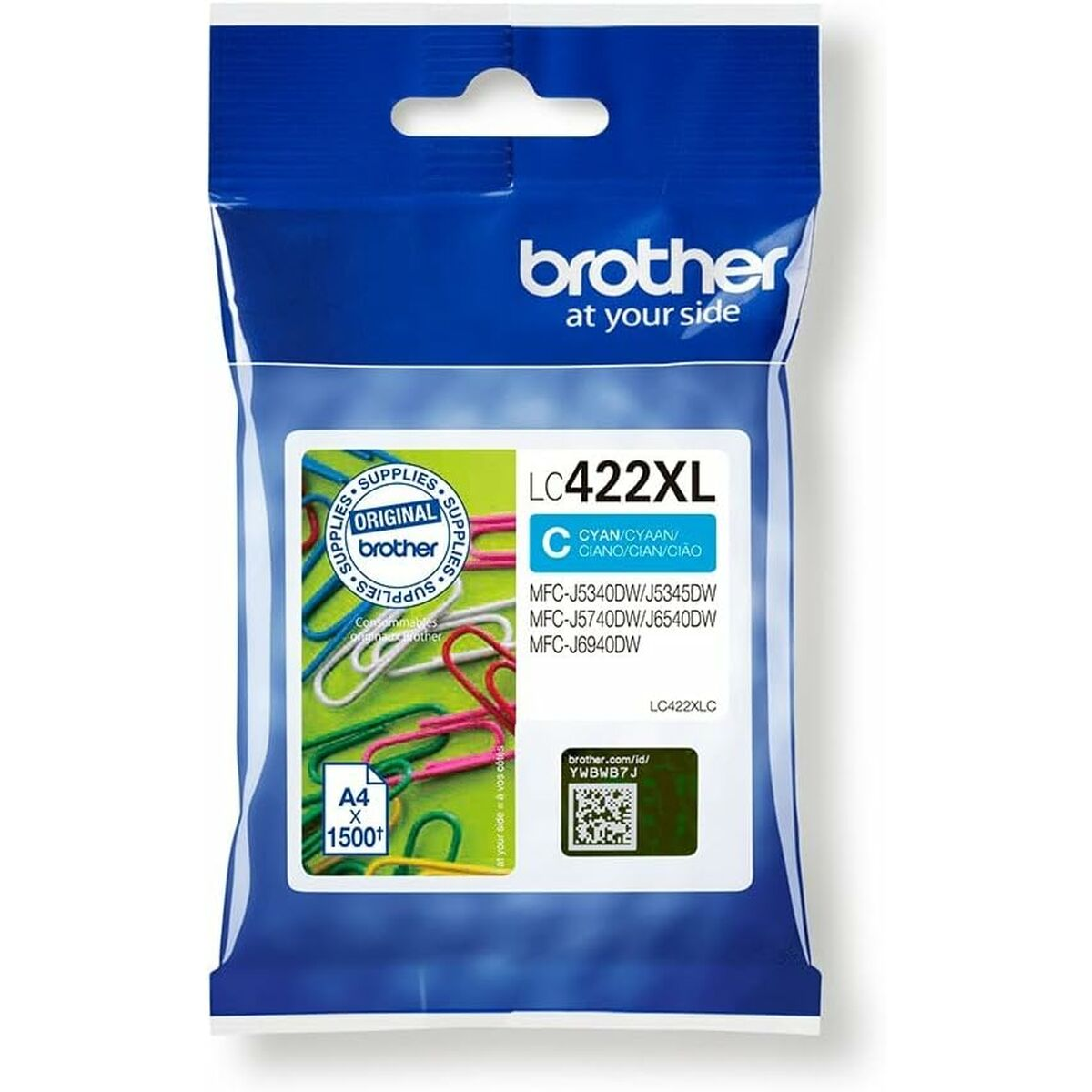 Cartucho de tinta cian Brother LC422XL en paquete azul con clips y información del producto.