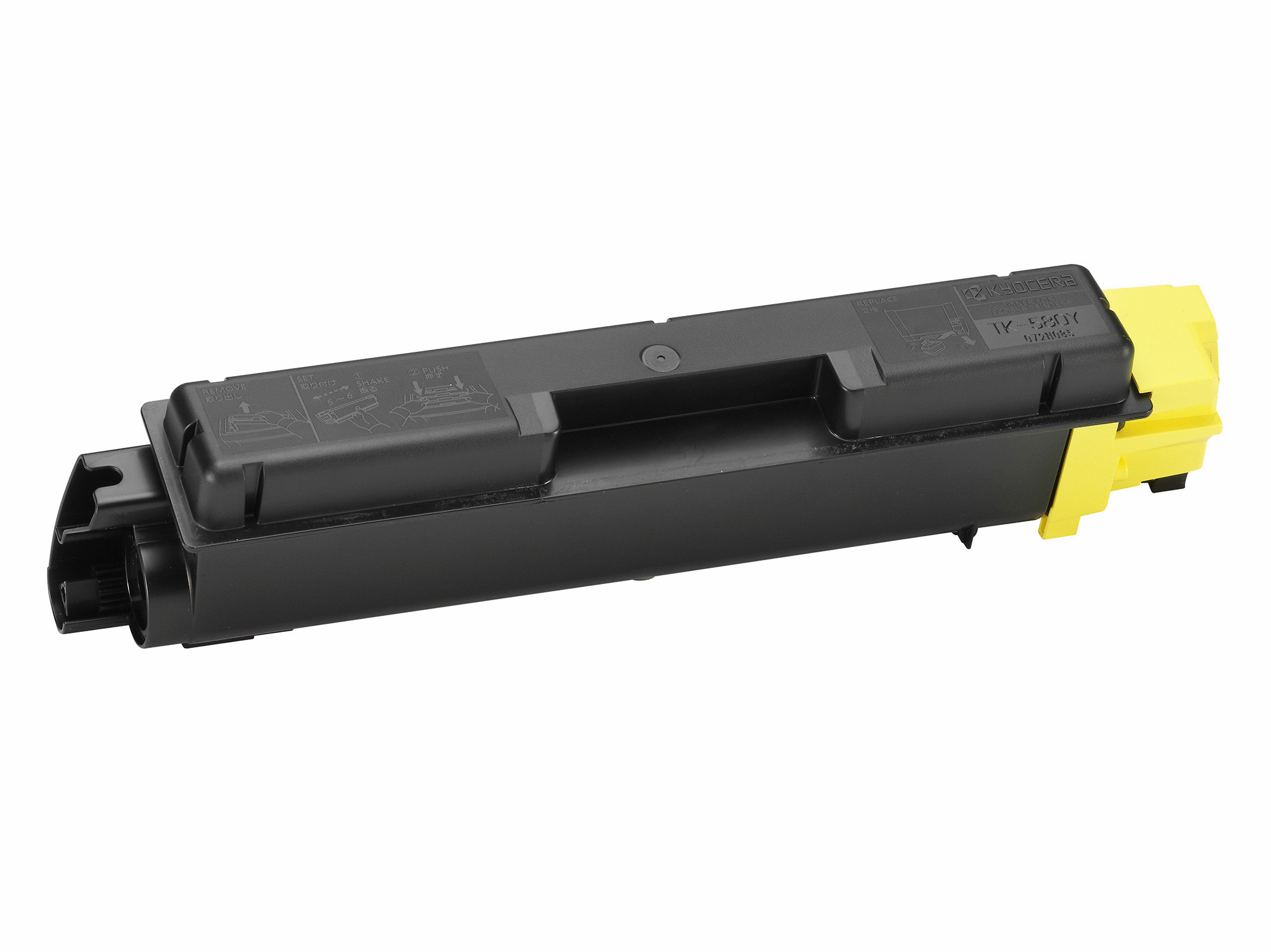 Cartuccia toner nera e gialla, isolata su bianco. Ha una maniglia e parti gialle.