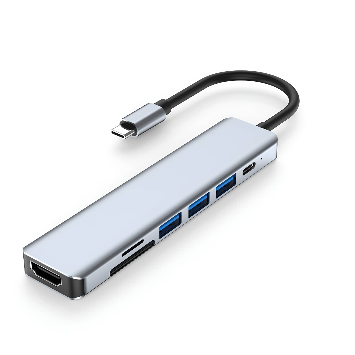 Silberner USB-C-Hub mit mehreren Anschlüssen: HDMI, USB und Kartenleser. Schwarzes Kabel.