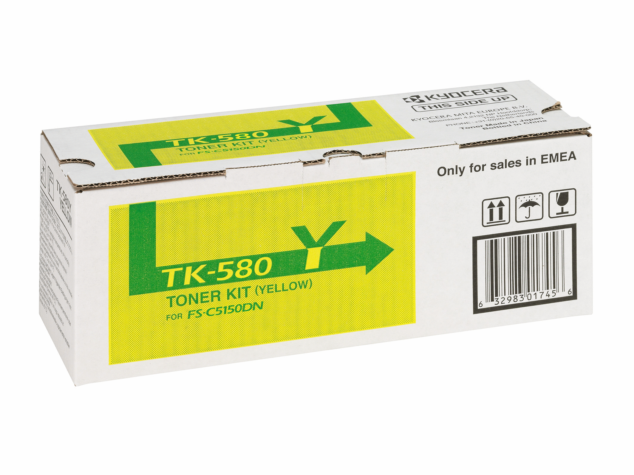 Scatola del kit toner giallo. Ha una freccia verde e del testo. La scatola è bianca con testo sui lati.