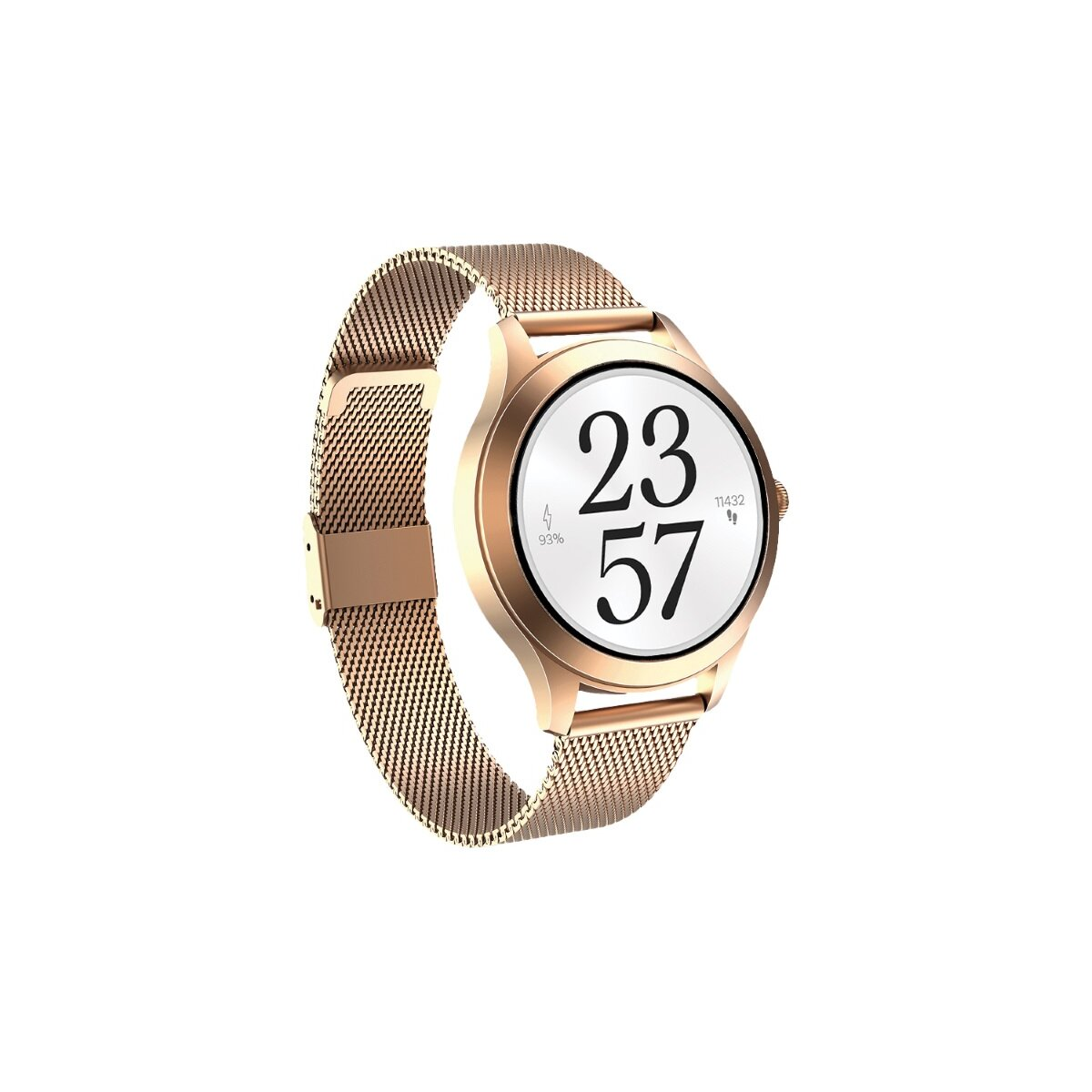 Nahaufnahme einer goldenen Smartwatch mit Mesh-Armband, die die Uhrzeit 23:57 anzeigt.