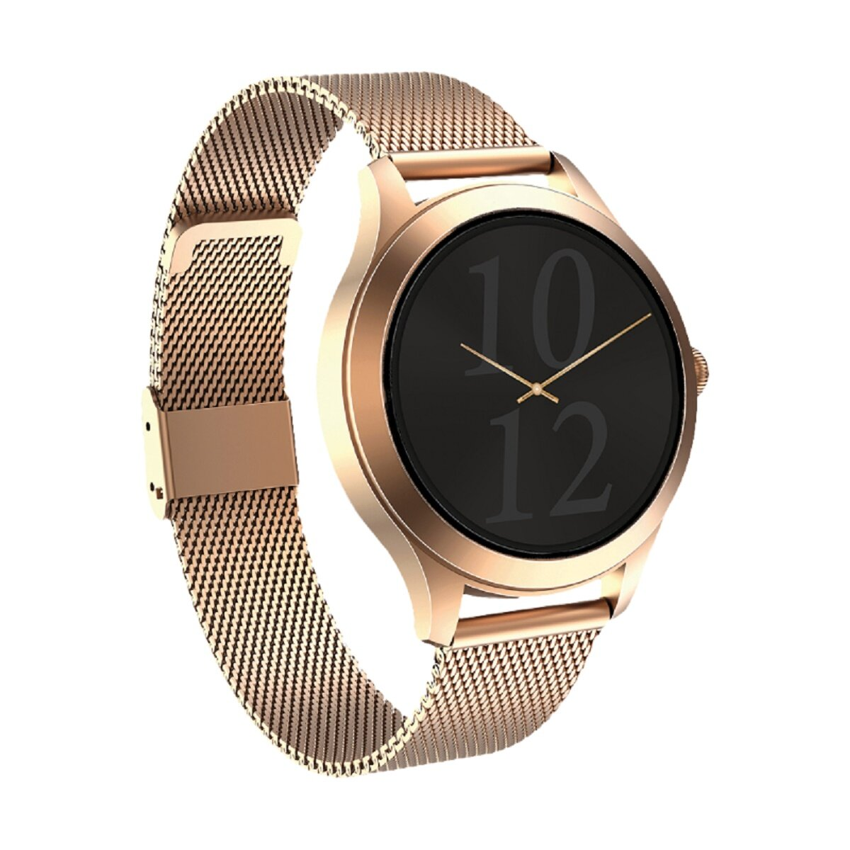 Roségoldene Smartwatch mit Metallarmband. Der Bildschirm zeigt die Uhrzeit mit hellgoldenen Zeigern.