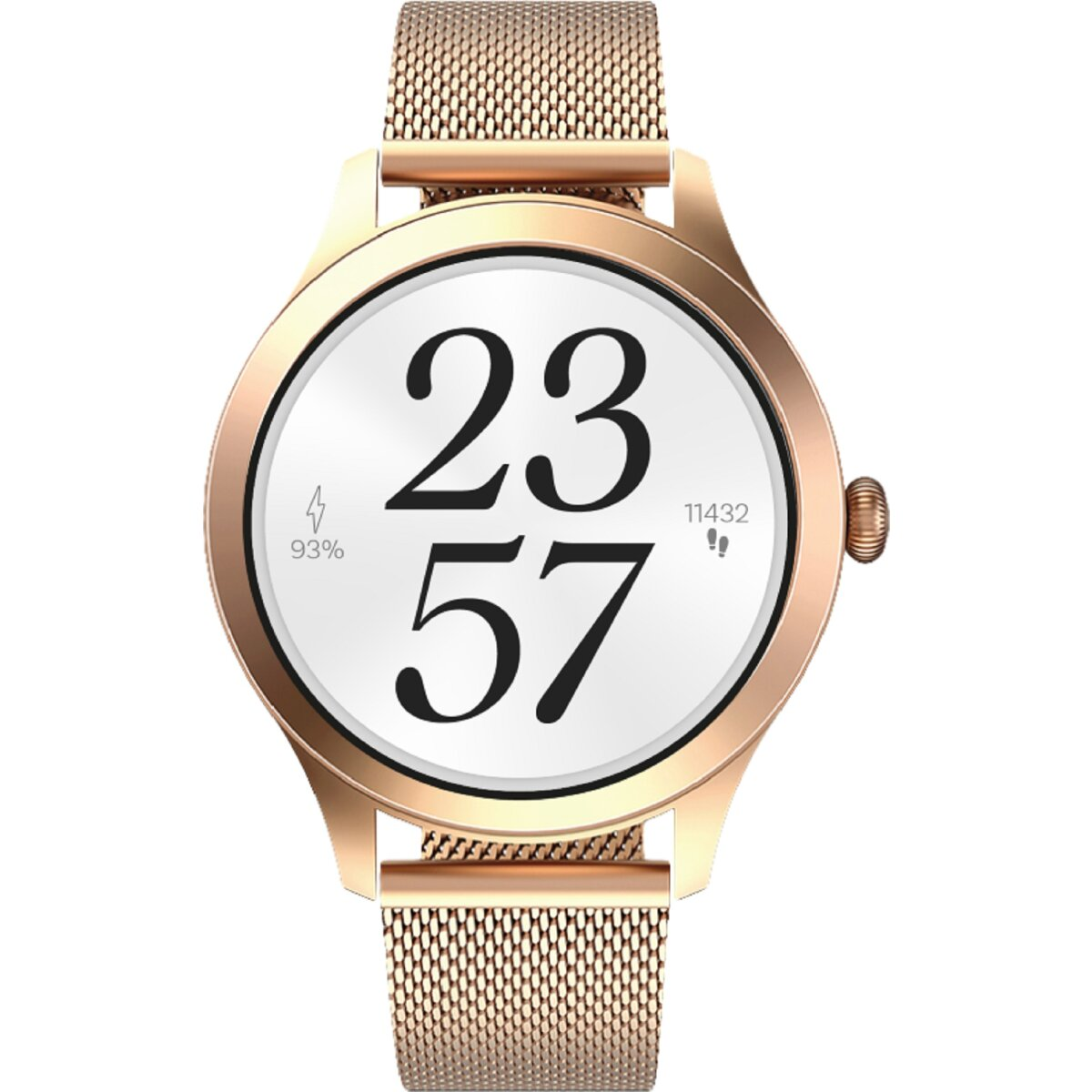 Goldene Smartwatch mit weißem Zifferblatt, das die Zeit anzeigt.