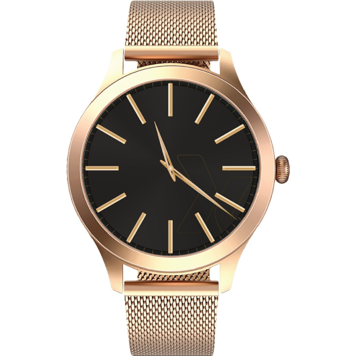 Nahaufnahme einer goldenen Uhr mit schwarzem Zifferblatt und goldenen Zeigern, auf einem goldenen Mesh-Armband.