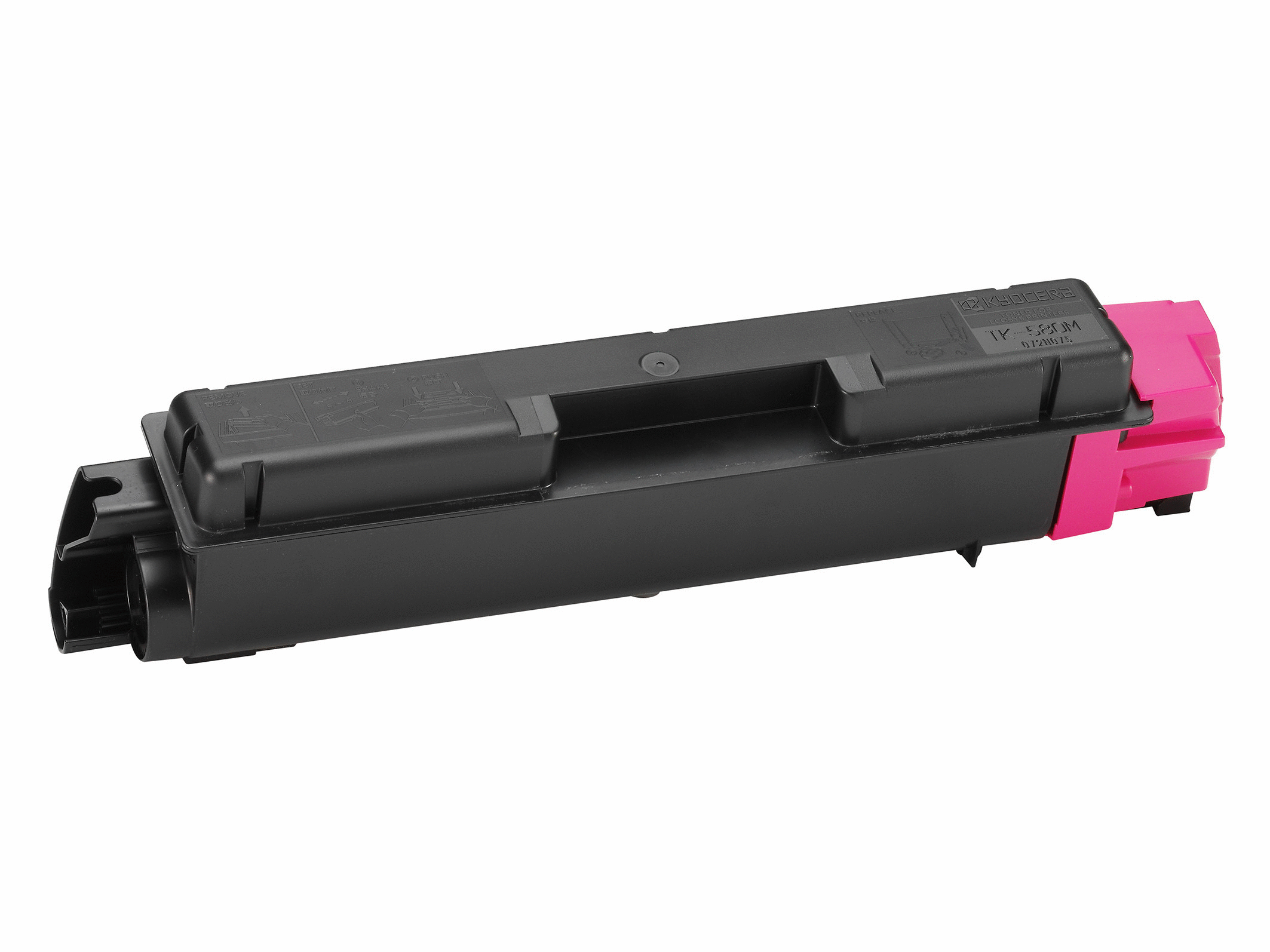 Cartuccia toner magenta con corpo nero ed estremità rosa.