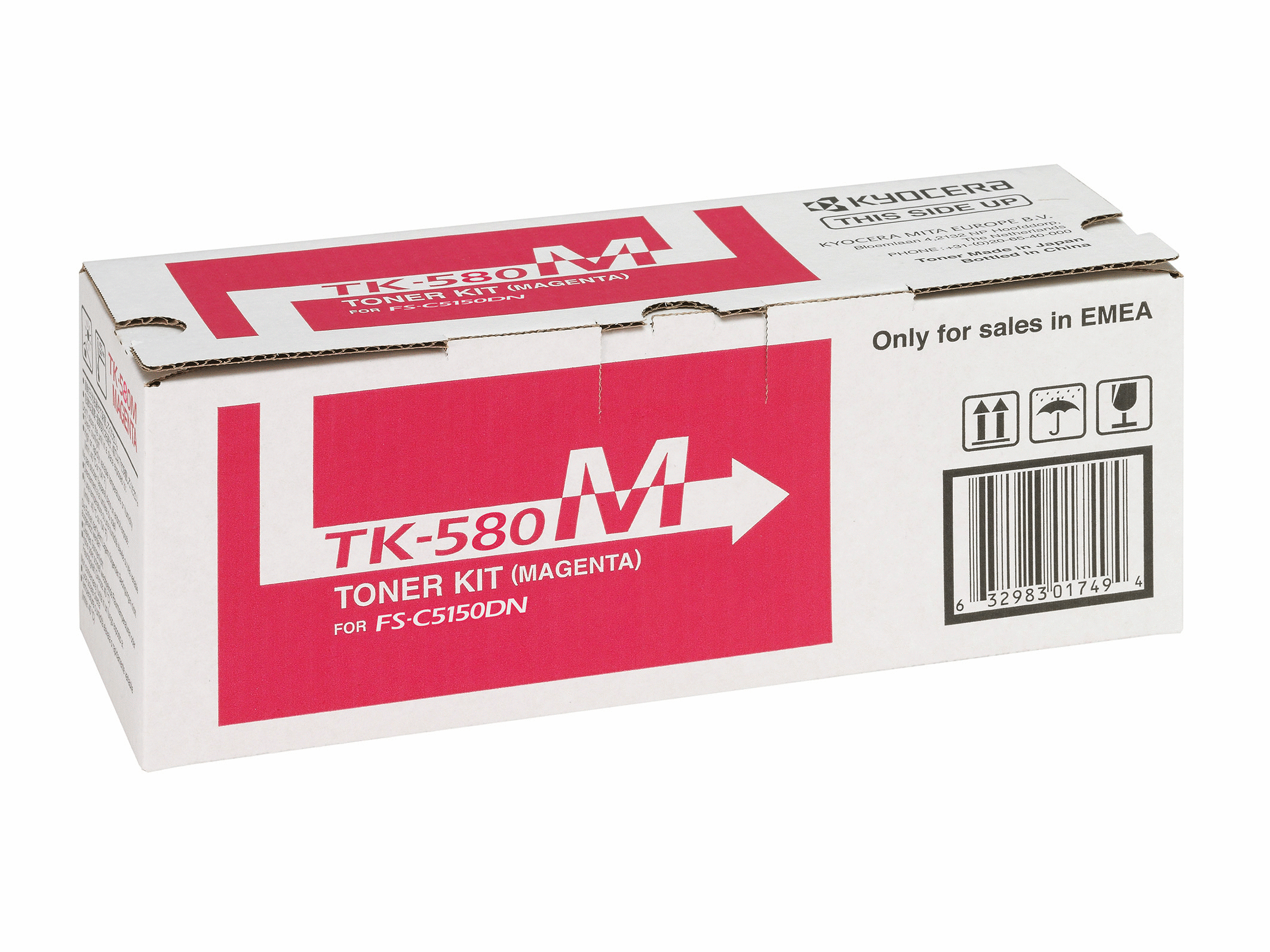 Scatola toner bianca e rosa chiusa. Dice "TK-580 Toner Kit (magenta)" sul fronte. Sfondo bianco.