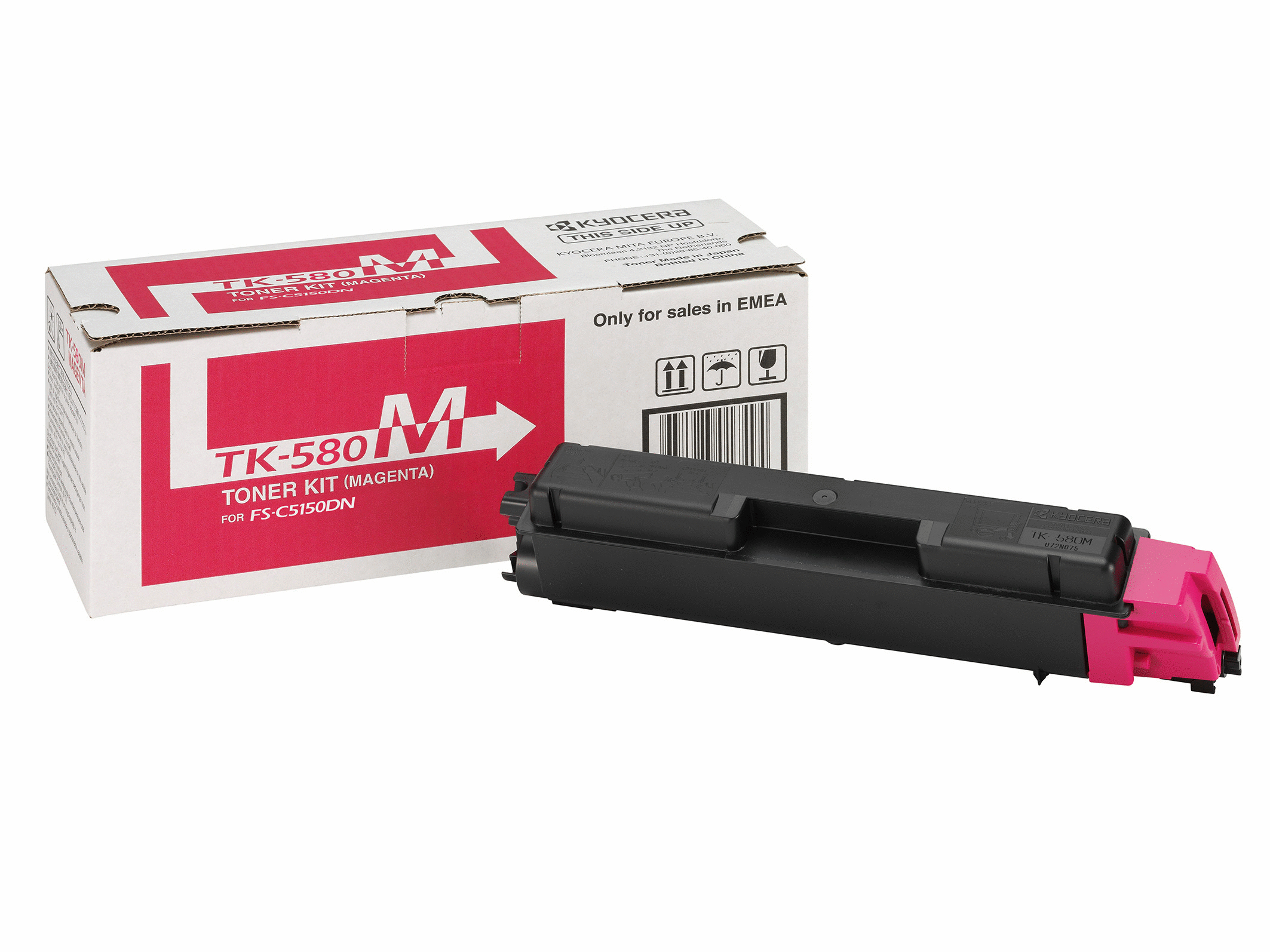 Scatola con cartuccia toner magenta. Cartuccia nera, scatola bianca con dettagli rosa. Dice "TK-580M".