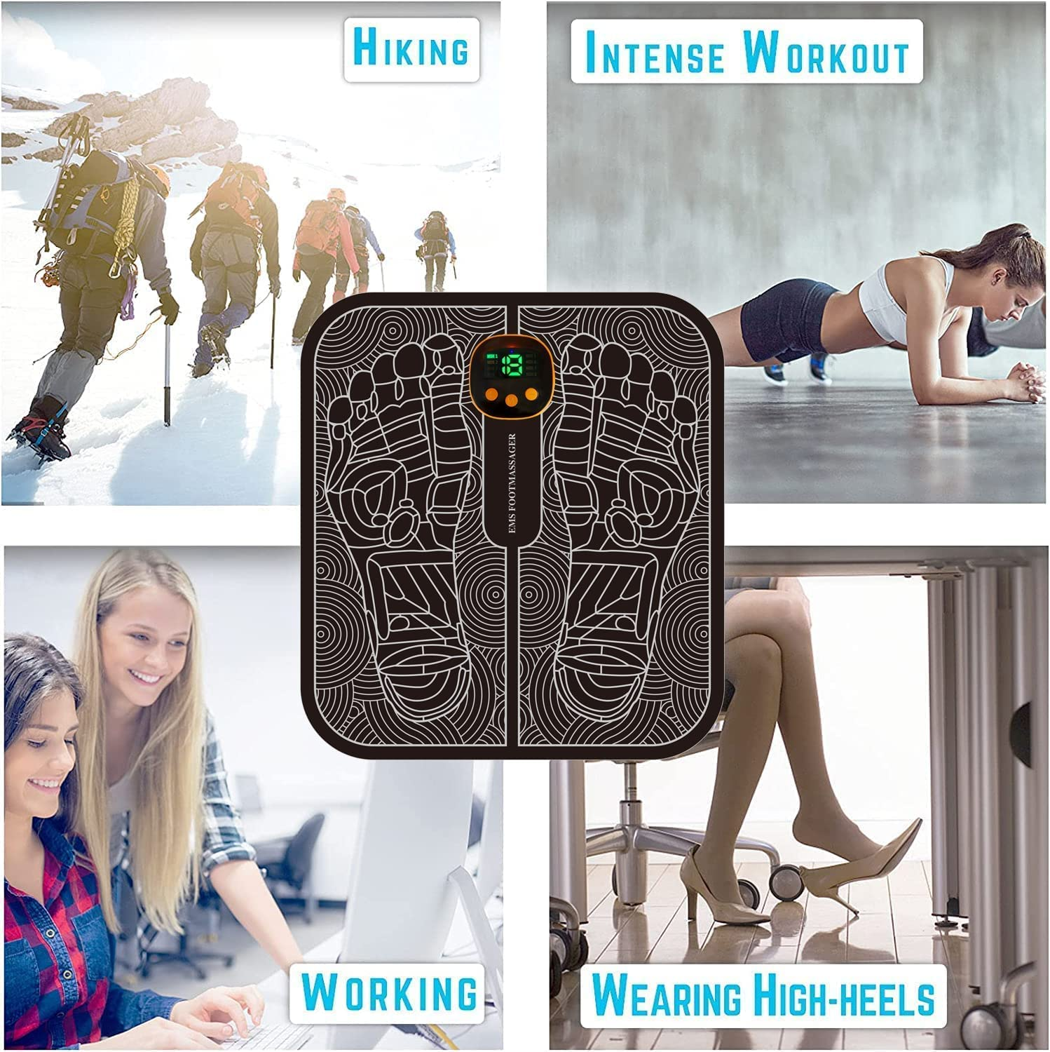 Fußmassagegerät in verschiedenen Situationen: Wandern, intensives Training, Arbeiten, Tragen von High Heels. Gerät in der Mitte.