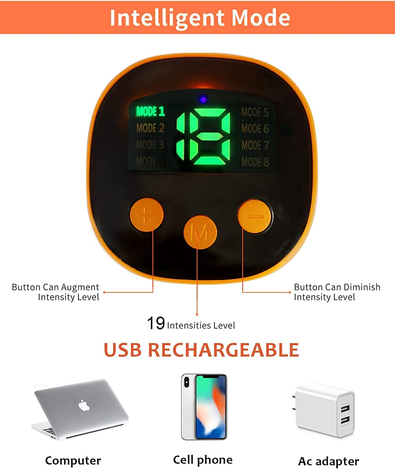 Nahaufnahme der Bedienelemente des Fußmassagegeräts. Tasten für Intensität und Modusauswahl. USB-aufladbar. Telefon und Adapter.