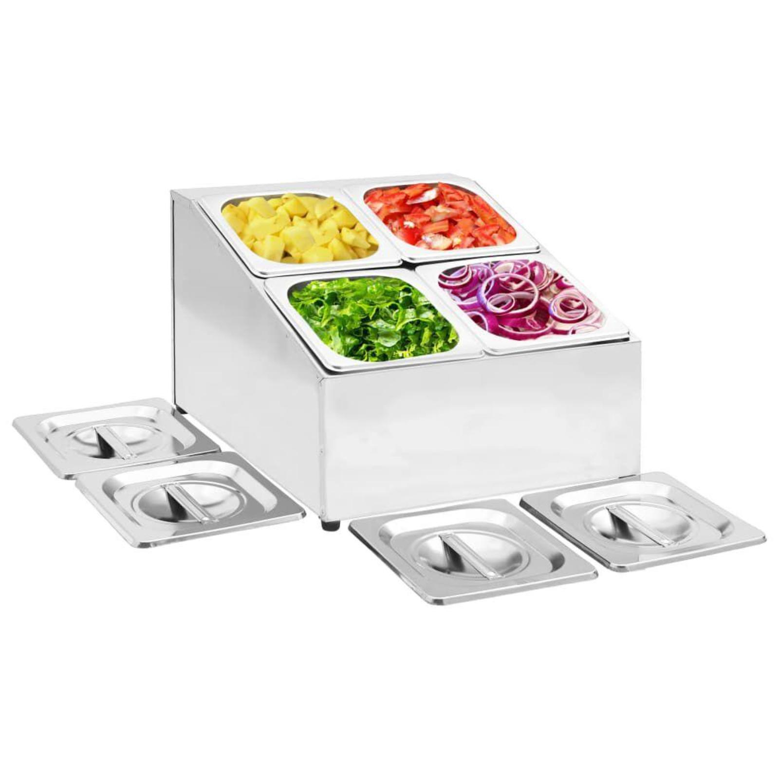 Edelstahl-Speisenzubereitungsstation mit 4 Behältern, gefüllt mit gelben, roten, grünen und violetten Lebensmitteln.