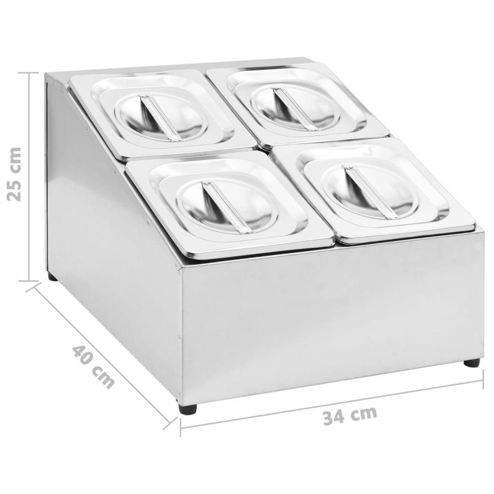 Edelstahl-Speisenzubereitungsstation mit 4 quadratischen Behältern, Abmessungen: 25 cm, 40 cm, 34 cm.