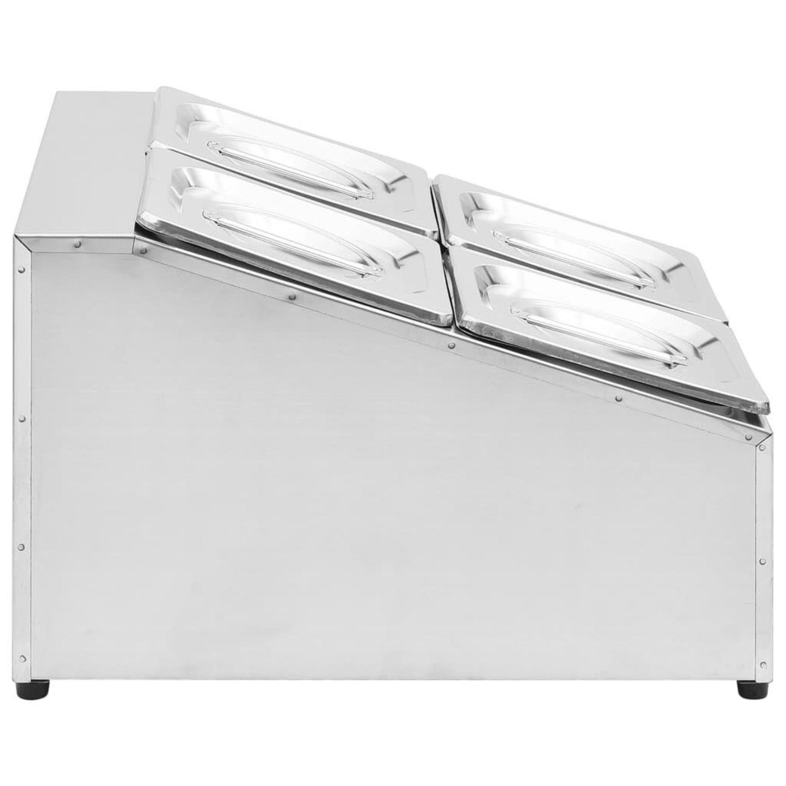 Edelstahl-Warmhaltebehälter mit vier abgedeckten Fächern. Abgewinkelte Oberseite und rechteckige Form.