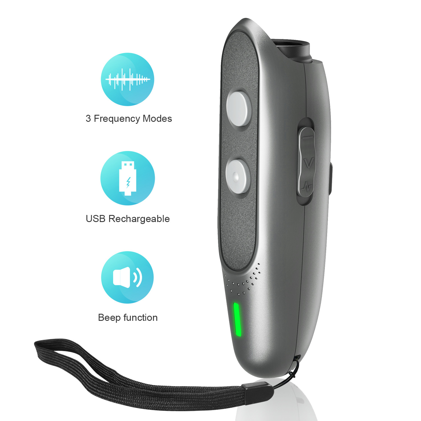 Ein graues Gerät mit Knöpfen, möglicherweise ein Haustiertrainingswerkzeug. Enthält Symbole und eine Handschlaufe.