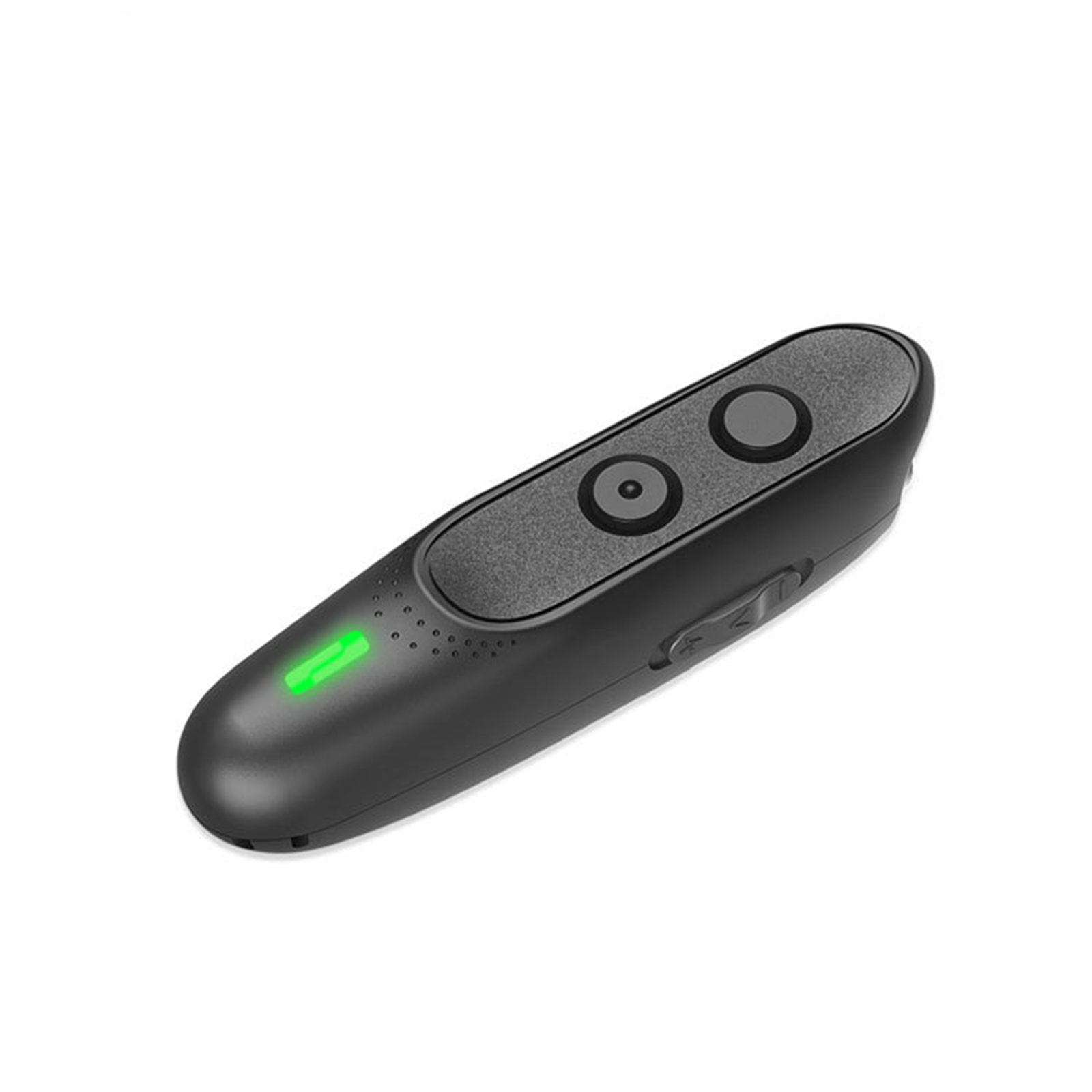 Schwarzer Präsentations-Clicker mit zwei Tasten und grünem Licht, auf weißem Grund.