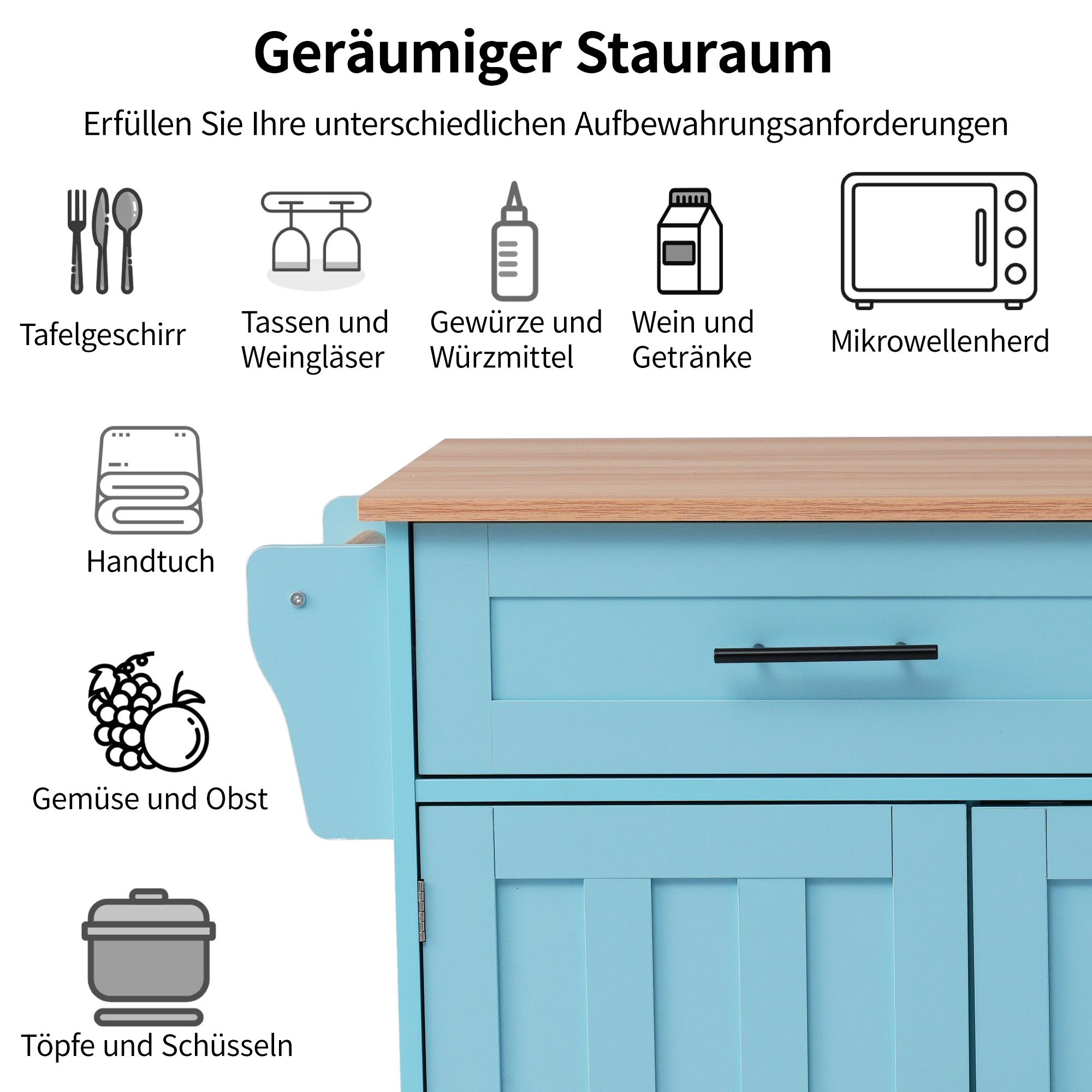 Hellblaue Kücheninsel mit Holzplatte. Zeigt Küchenartikel, einschließlich Geschirr und Lebensmittel.