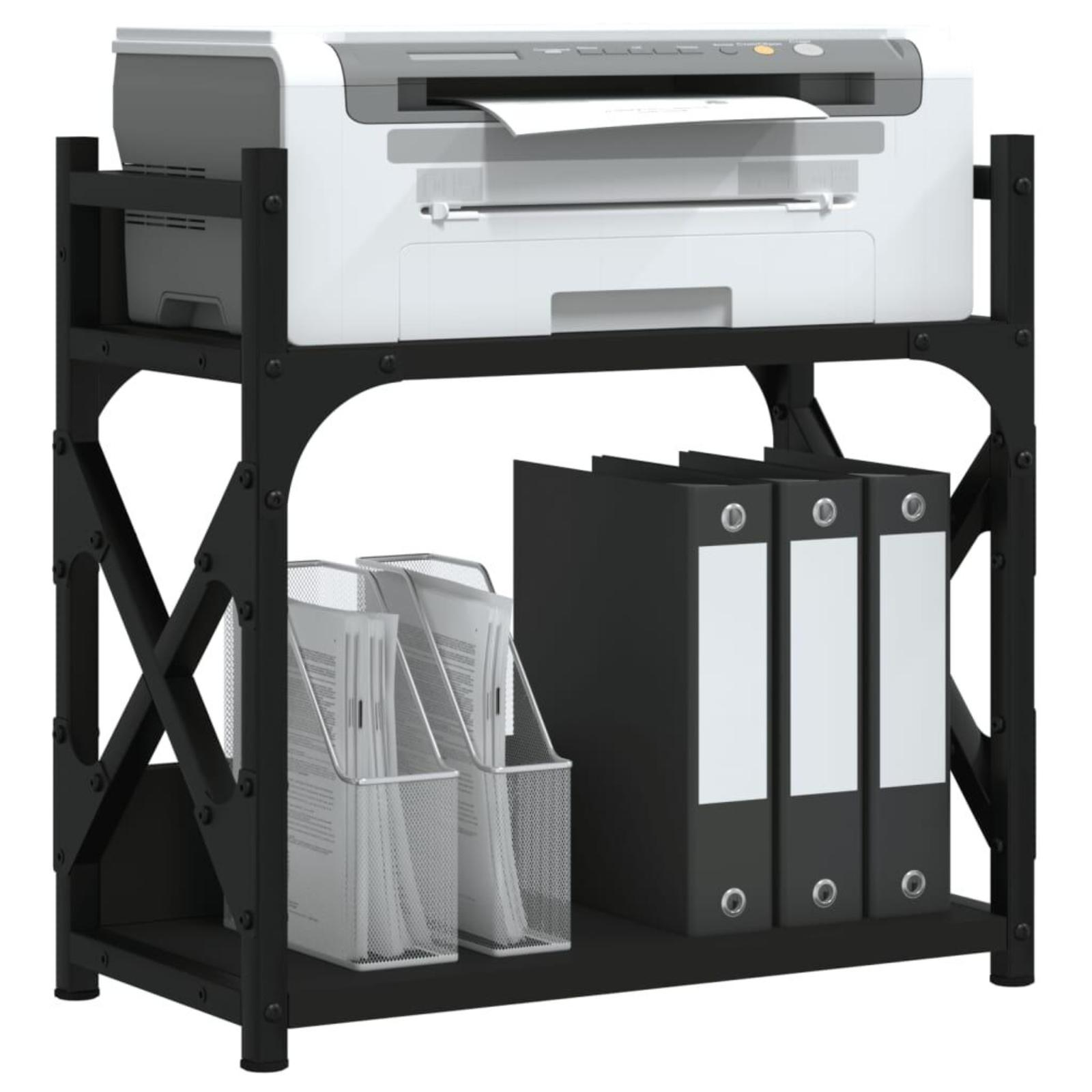 Ein schwarzes Metallregal mit Drucker, Akten und anderem Büromaterial.
