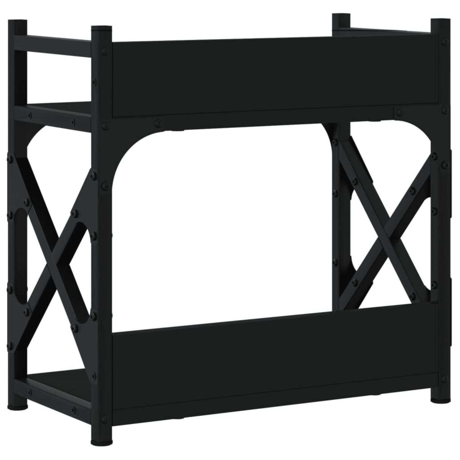 Schwarzes Metallregal. Zwei Regale mit X-förmigen Stützen und sichtbaren Schrauben.