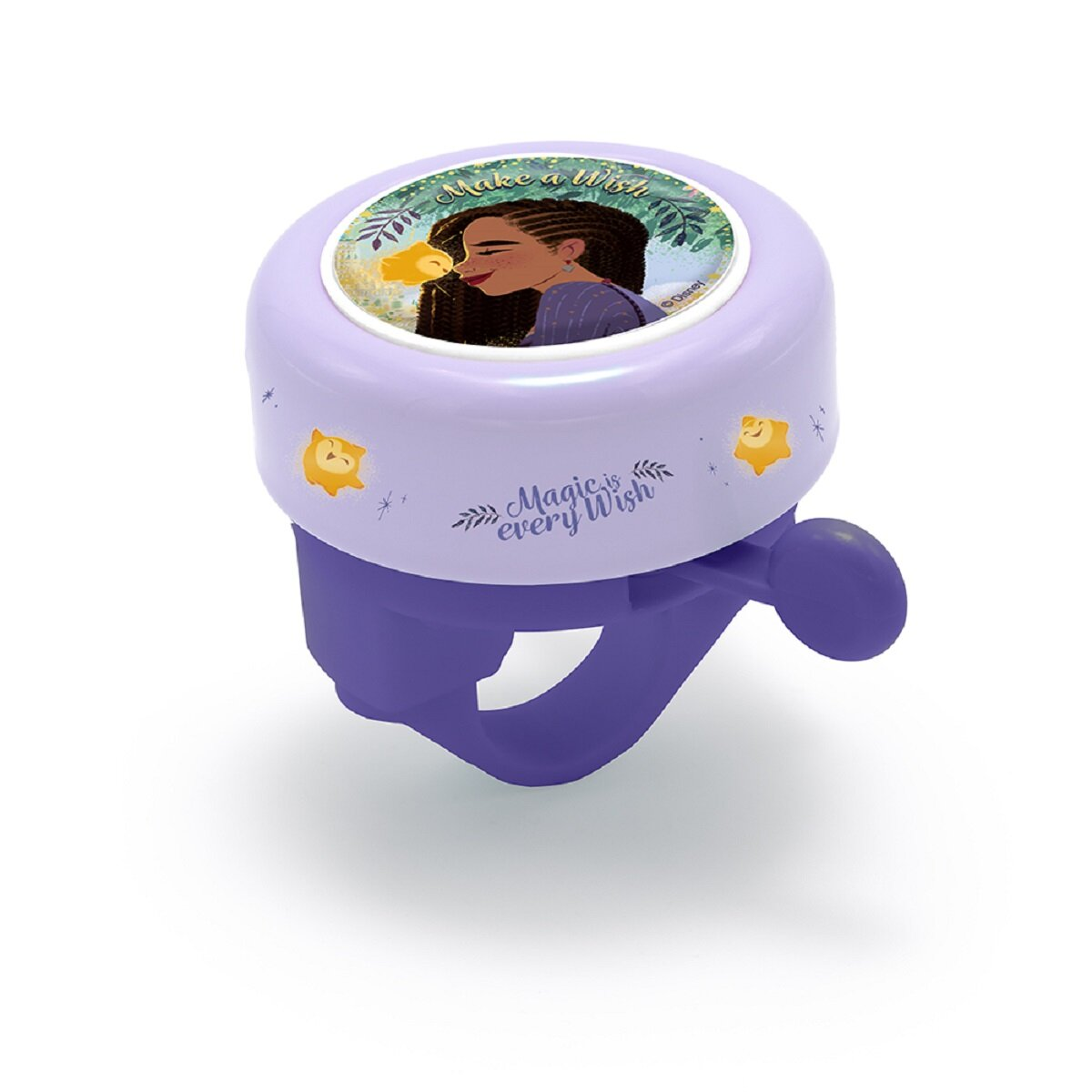 Lila Disney Wish Fahrradklingel mit dem Satz 'Magic is every Wish' und Charakterkunst.