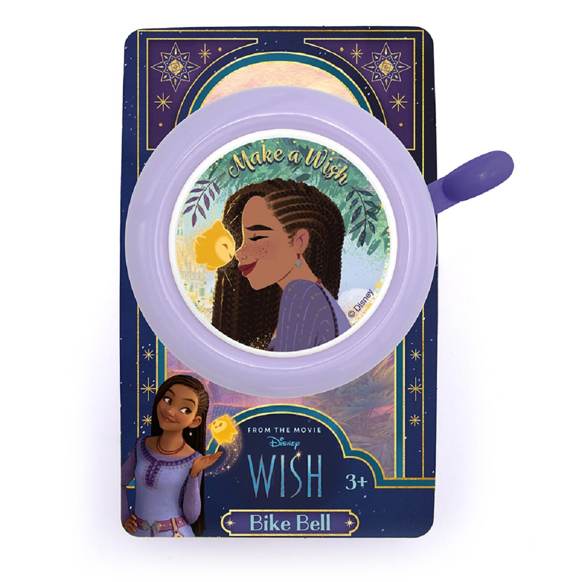 Lila Disney Wish Fahrradklingel, mit Charakterbild und dem Satz 'Make a Wish'.