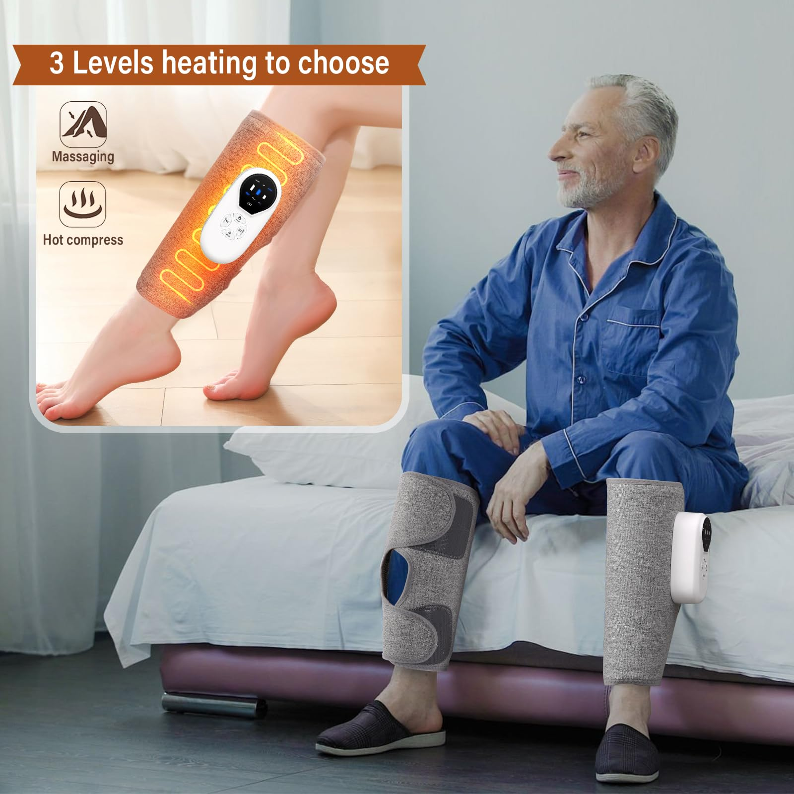 Ein Mann in blauem Pyjama und Beinorthese, mit einem Bild eines Beinmassagegeräts und Heizkissens.