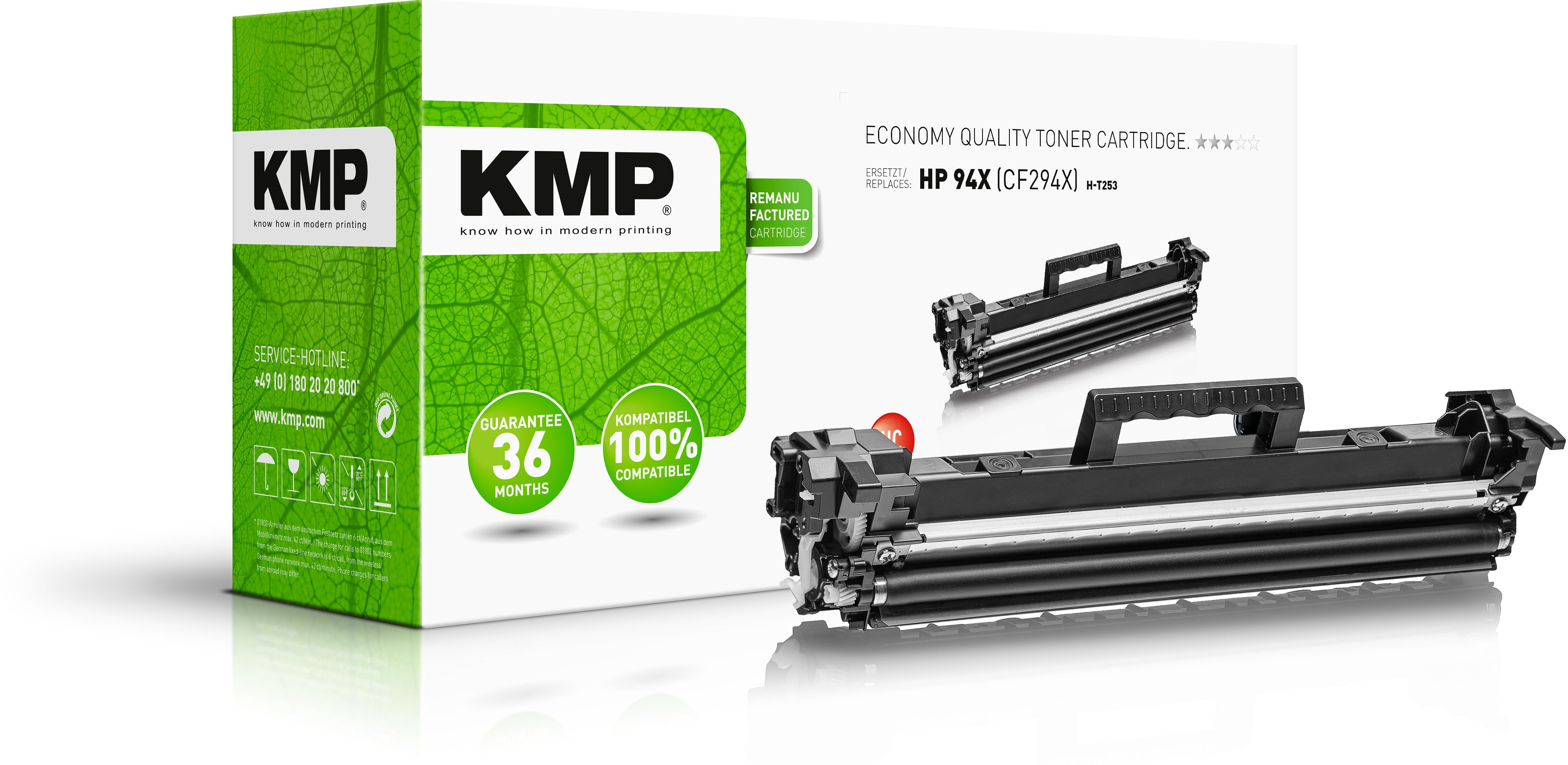 Scatola verde e bianca con logo KMP. Contiene cartucce toner per stampanti.