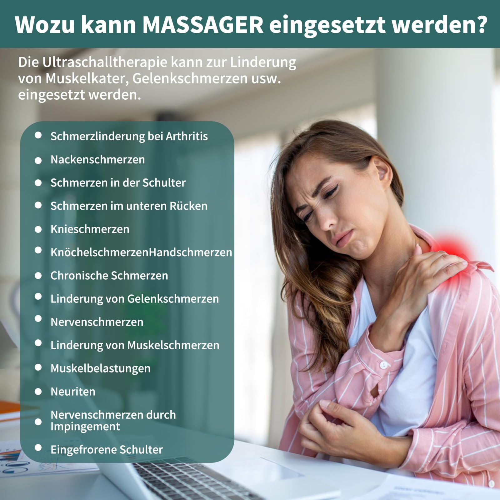 Frau mit Schulterschmerzen, Text auf Deutsch. Innenraum.