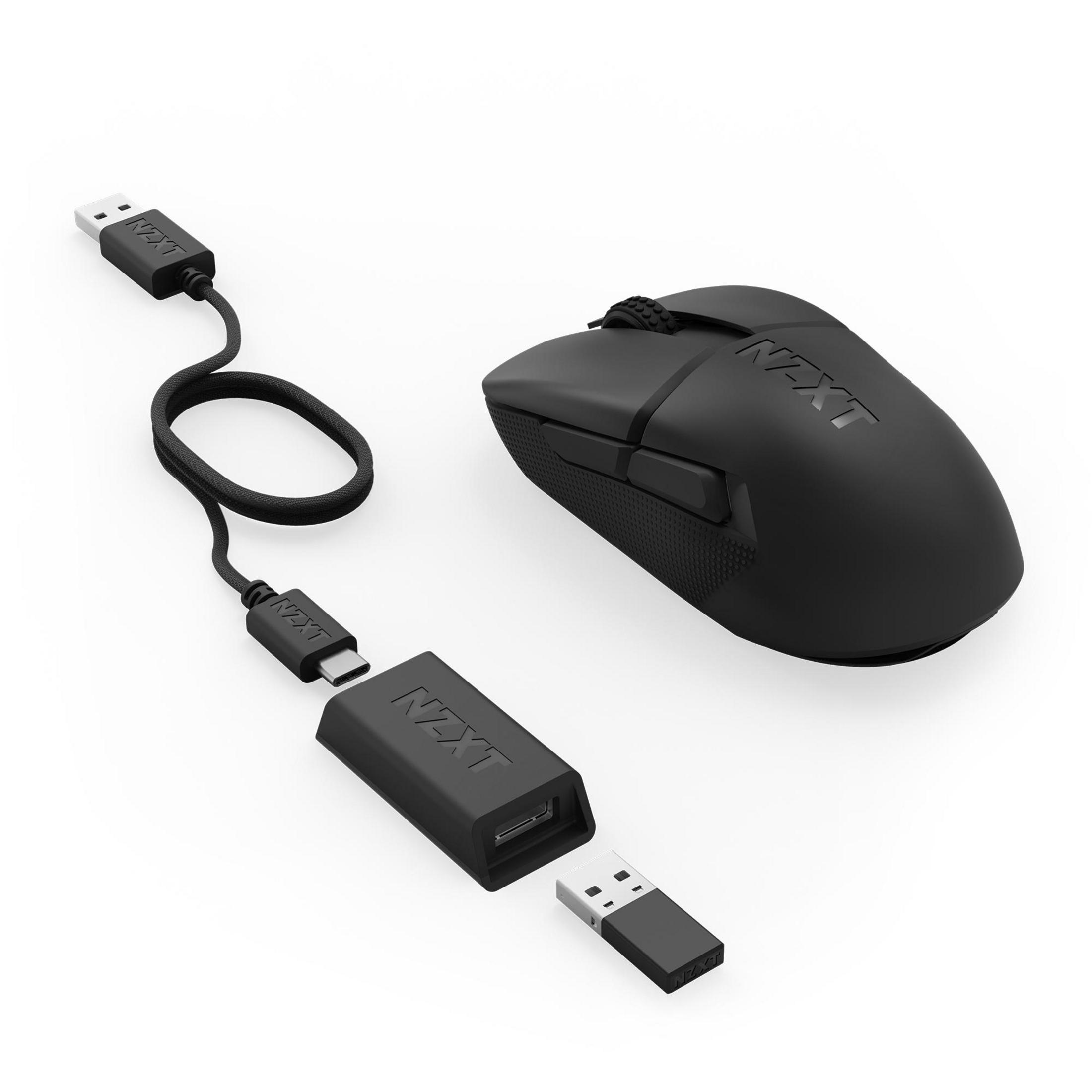 Schwarze kabellose Maus mit Ladekabel und USB-Empfänger. Die Maus befindet sich auf weißem Hintergrund.