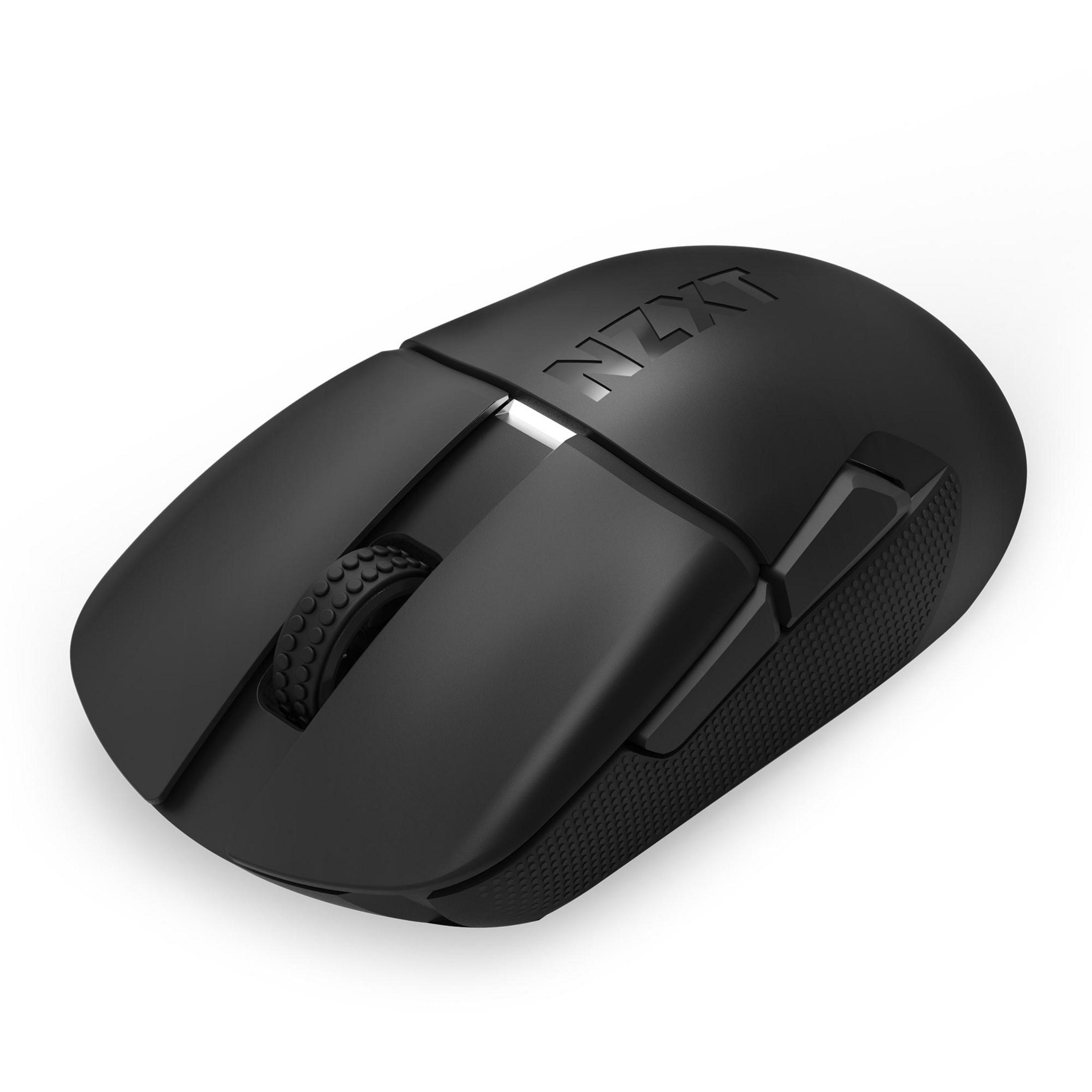 Eine schwarze Computermaus mit dem Text "NZXT" darauf, auf weißem Hintergrund.
