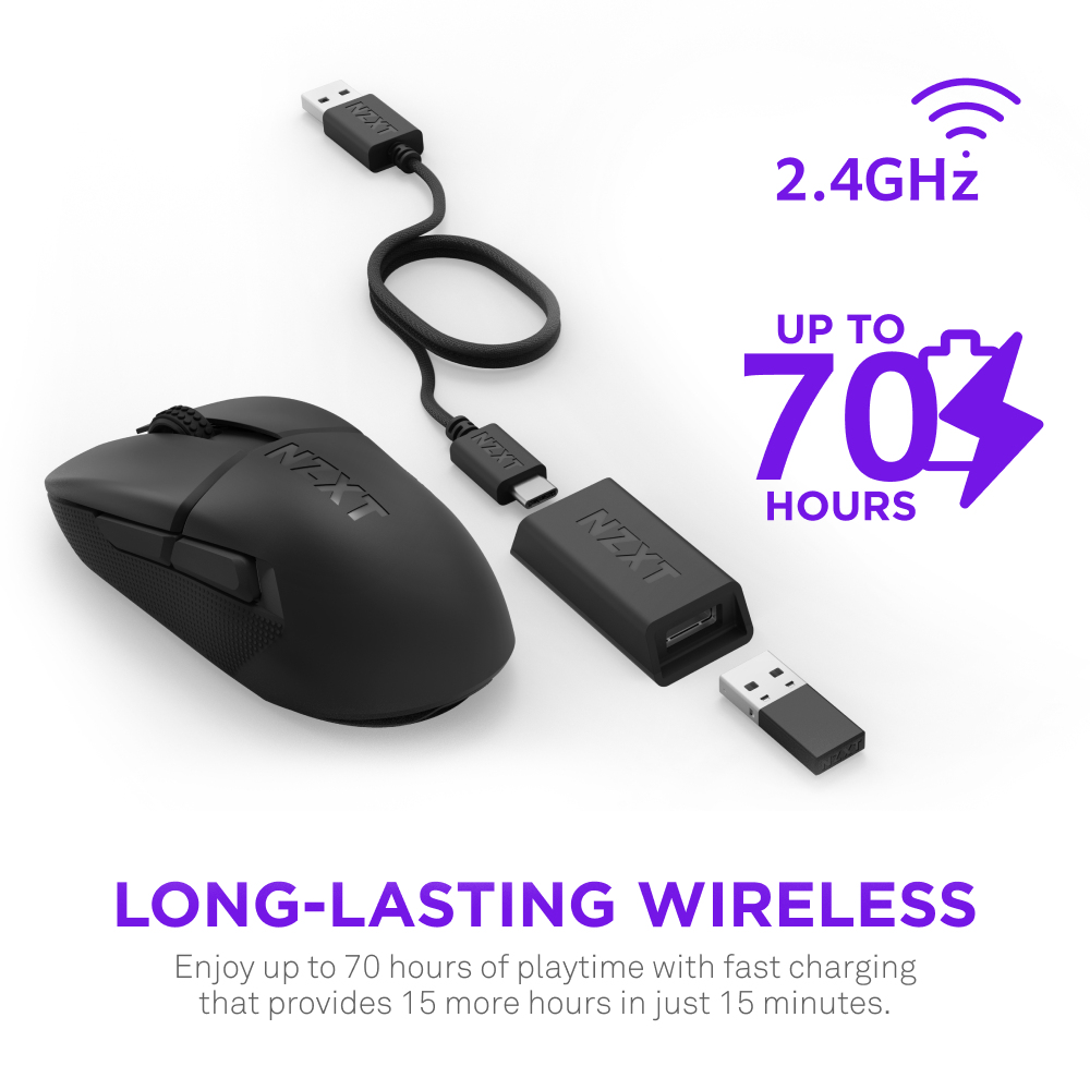 Schwarze kabellose Maus mit Ladezubehör, einschließlich USB-C-Kabel und USB-Empfänger.