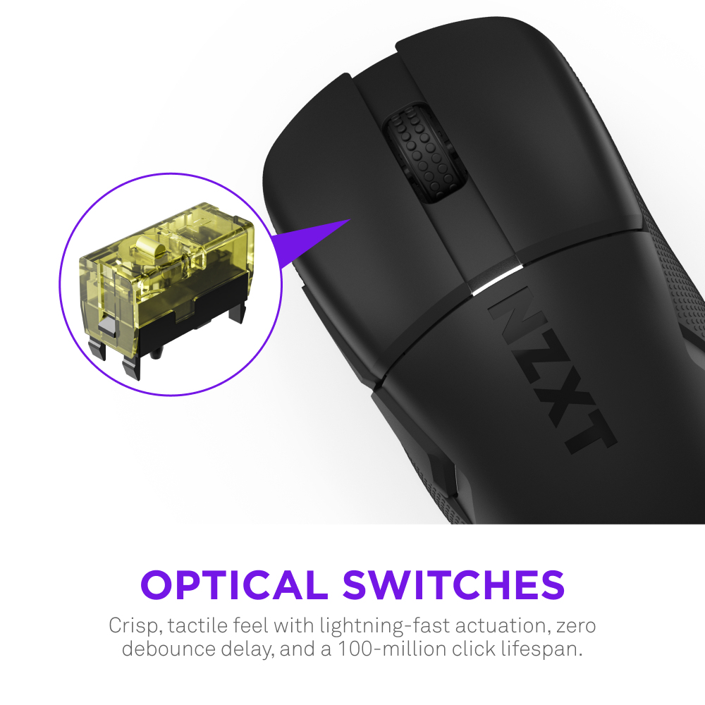 Schwarze Maus mit optischen Schaltern. Gelbe Schalterkomponenten. NZXT-Markenname. Weißer Hintergrund.