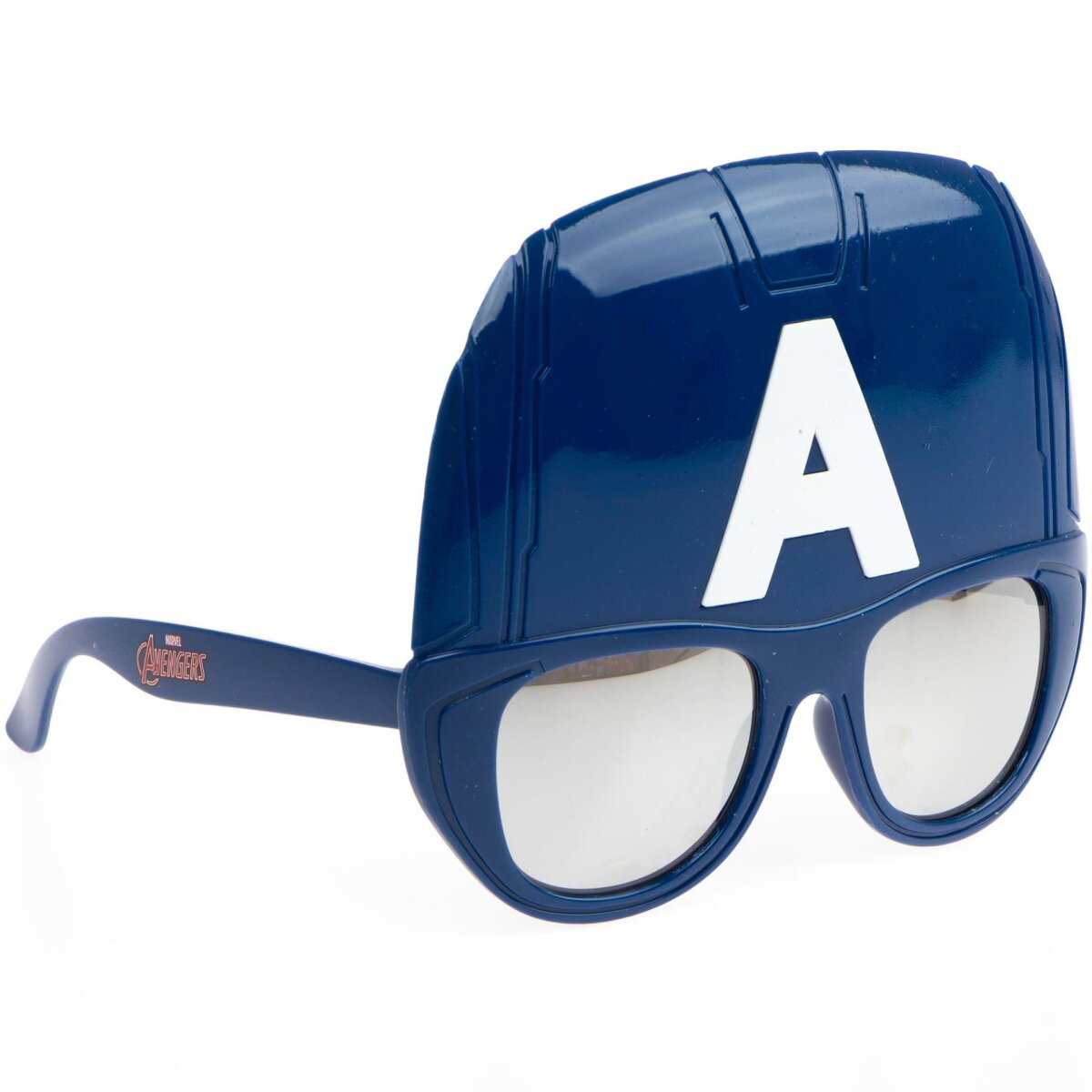 Captain America-Sonnenbrille. Blauer Rahmen mit dem Buchstaben 'A' und verspiegelten Gläsern. Avengers-Logo.