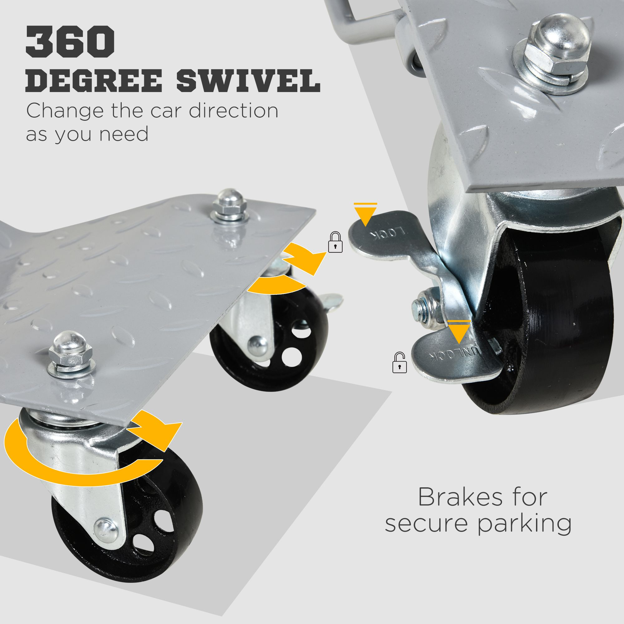 Diagramm, das die 360-Grad-Drehbarkeit und die Bremsen eines Autodollys zeigt. Die Räder können verriegelt werden.