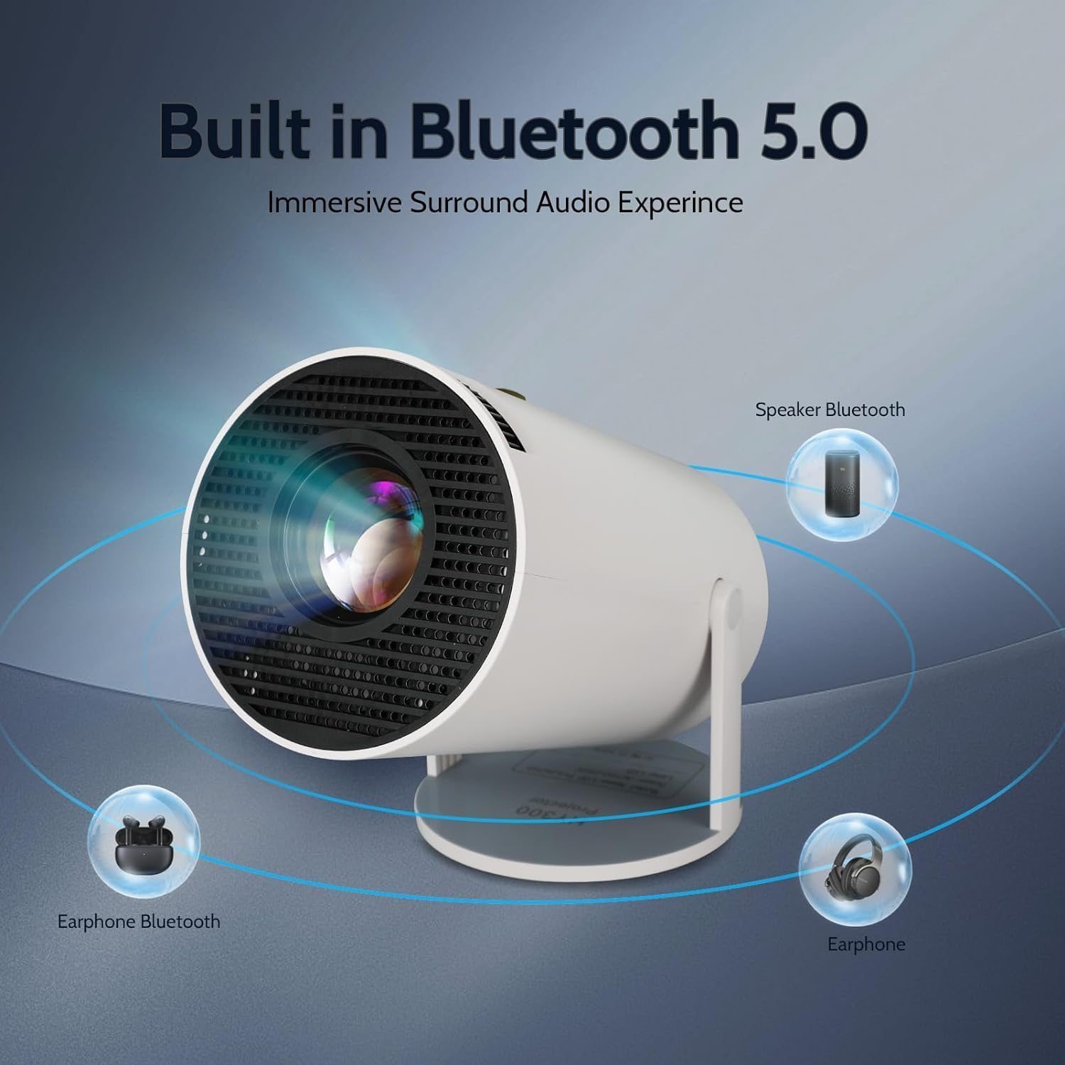 Weißer Projektor mit integriertem Bluetooth 5.0. Zeigt Kopfhörer- und Lautsprecher-Bluetooth-Verbindungen.