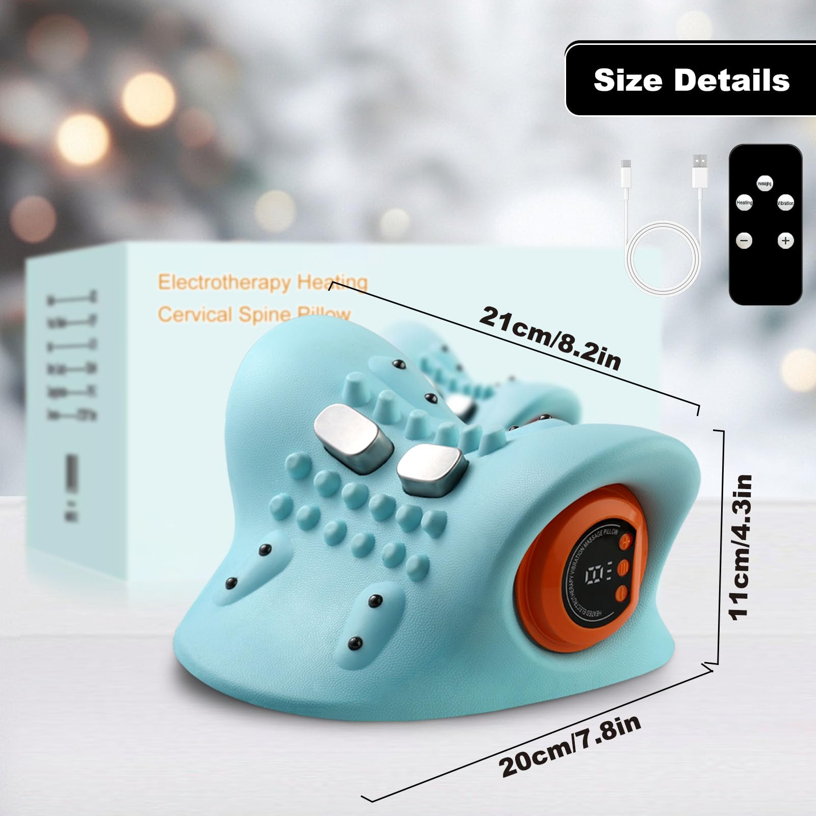 Blaues Nackenmassagegerät mit orangefarbenem Display und Fernbedienung, Größenangaben und Box im Hintergrund.