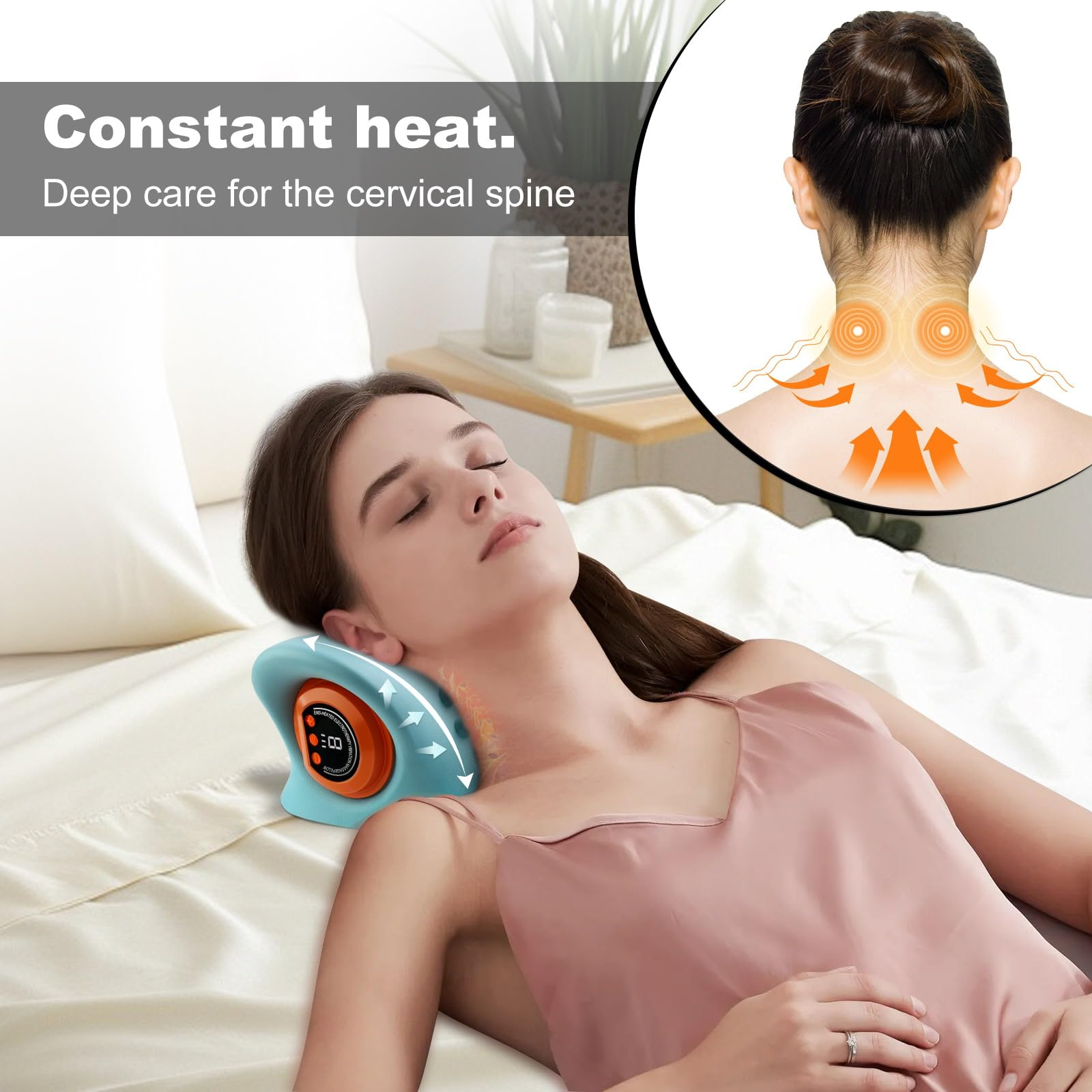 Frau entspannt sich im Bett mit Nackenmassagegerät. Wärme Illustration und Hals Diagramm sind im Bild.