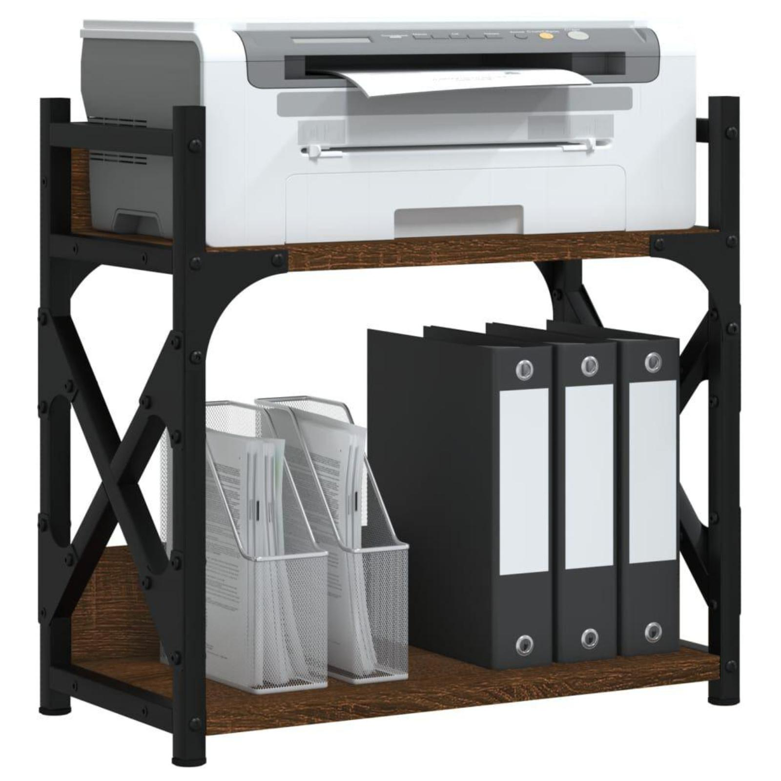 Büroregal mit Drucker, Ordnern und Akten. Metall- und Holzdesign, schwarz und braun.