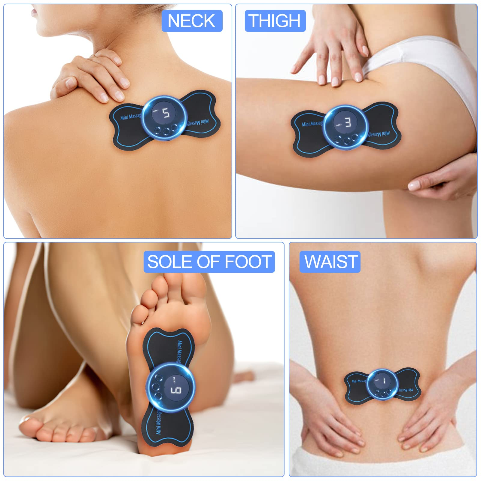 Vier Bilder zeigen eine Person, die ein Mini-Massagegerät an verschiedenen Körperteilen verwendet: Nacken, Oberschenkel, Fuß und Taille.