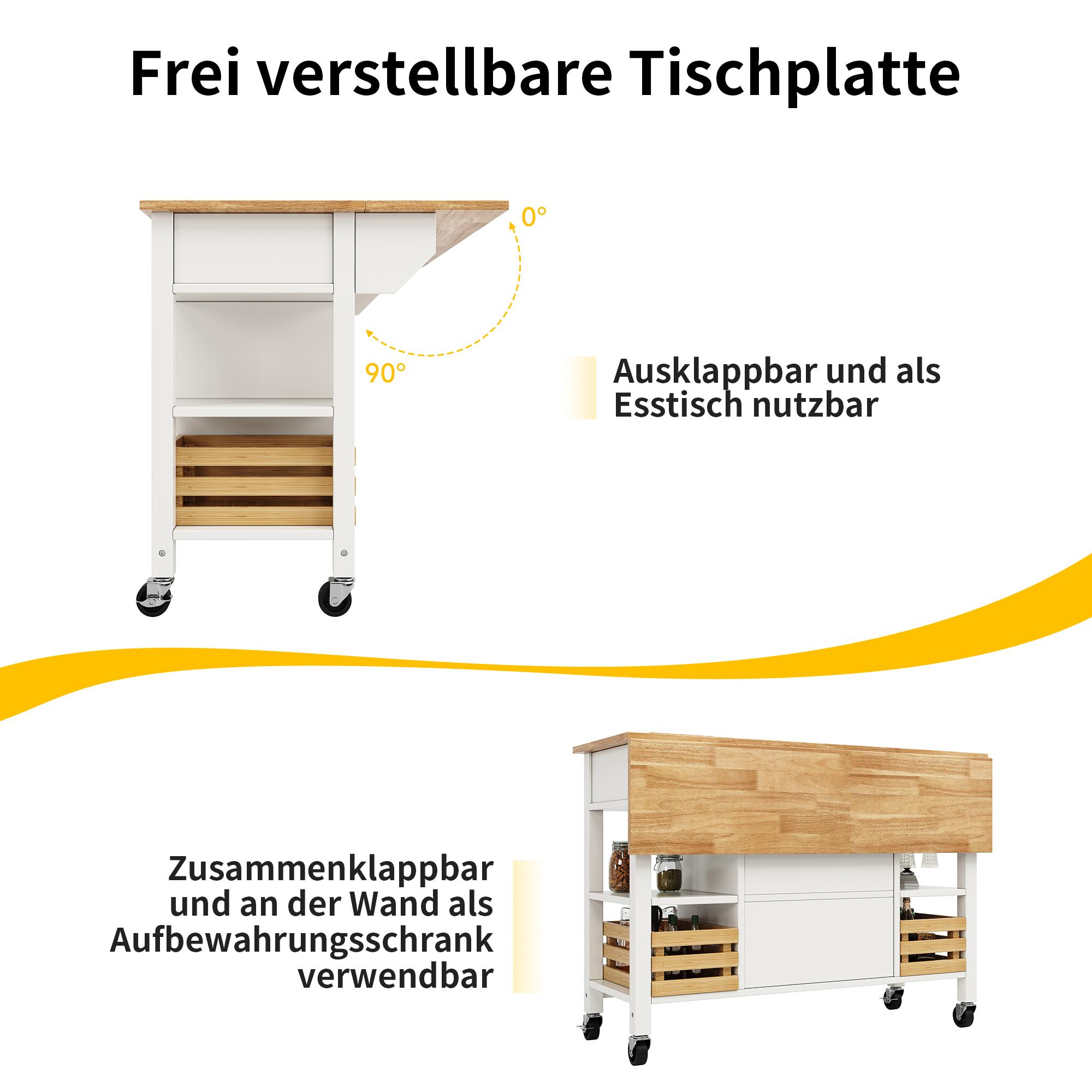 Ein weißer und brauner Küchenwagen. Die Oberseite ist verstellbar. Er ist faltbar und kann als Aufbewahrungsschrank verwendet werden.