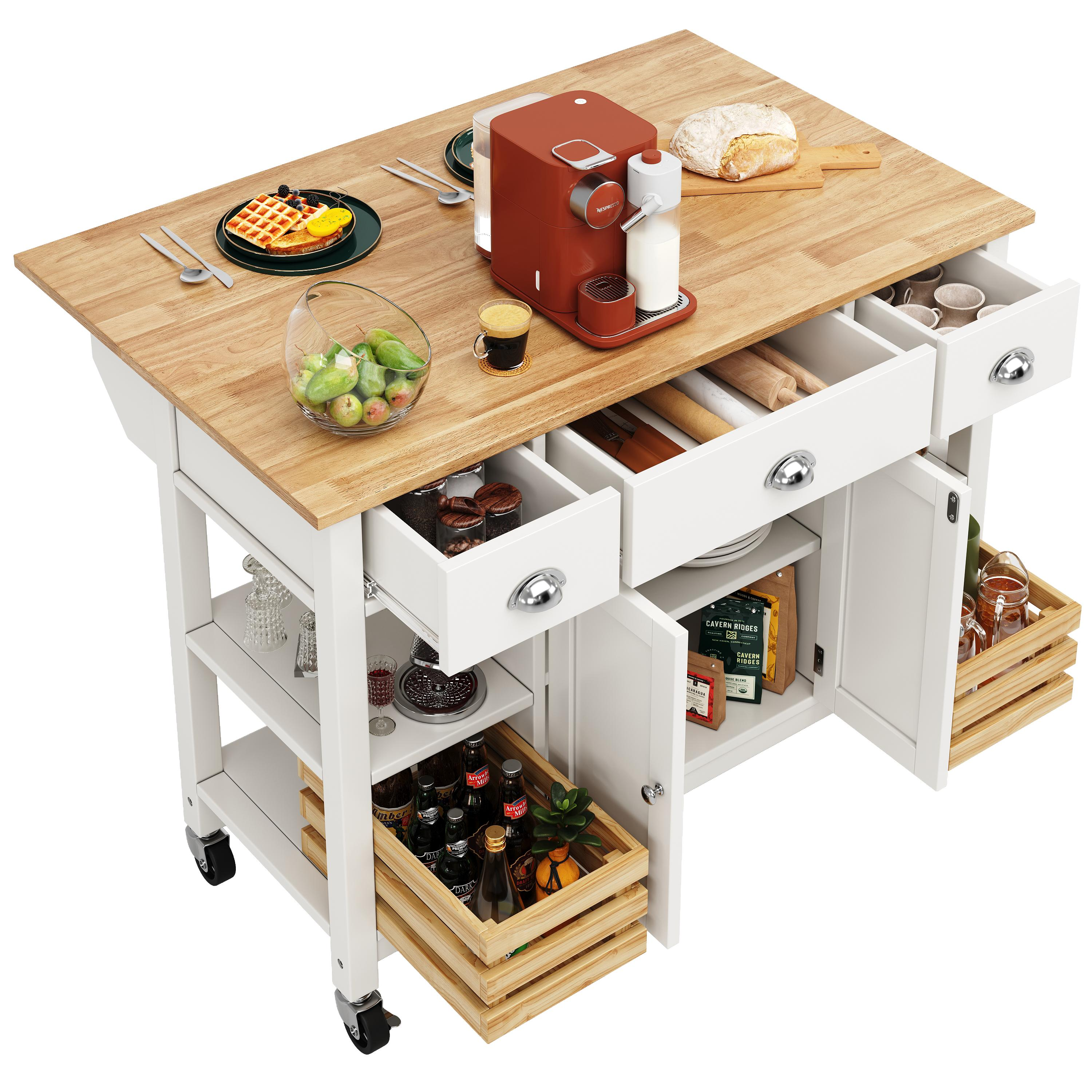 Kücheninsel mit Essen, Kaffeemaschine, Schubladen und Holzplatte. Weißer Rahmen, weißer Hintergrund.