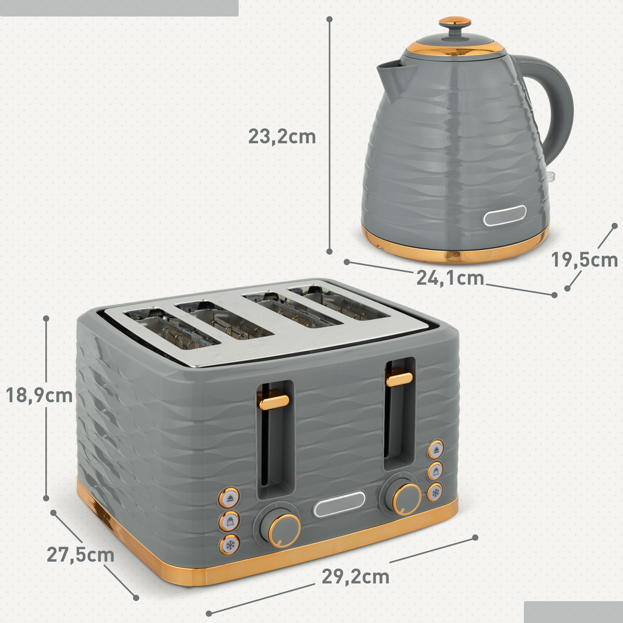 Graues Toaster- und Wasserkocher-Set mit goldenen Akzenten. Abmessungen beschriftet.