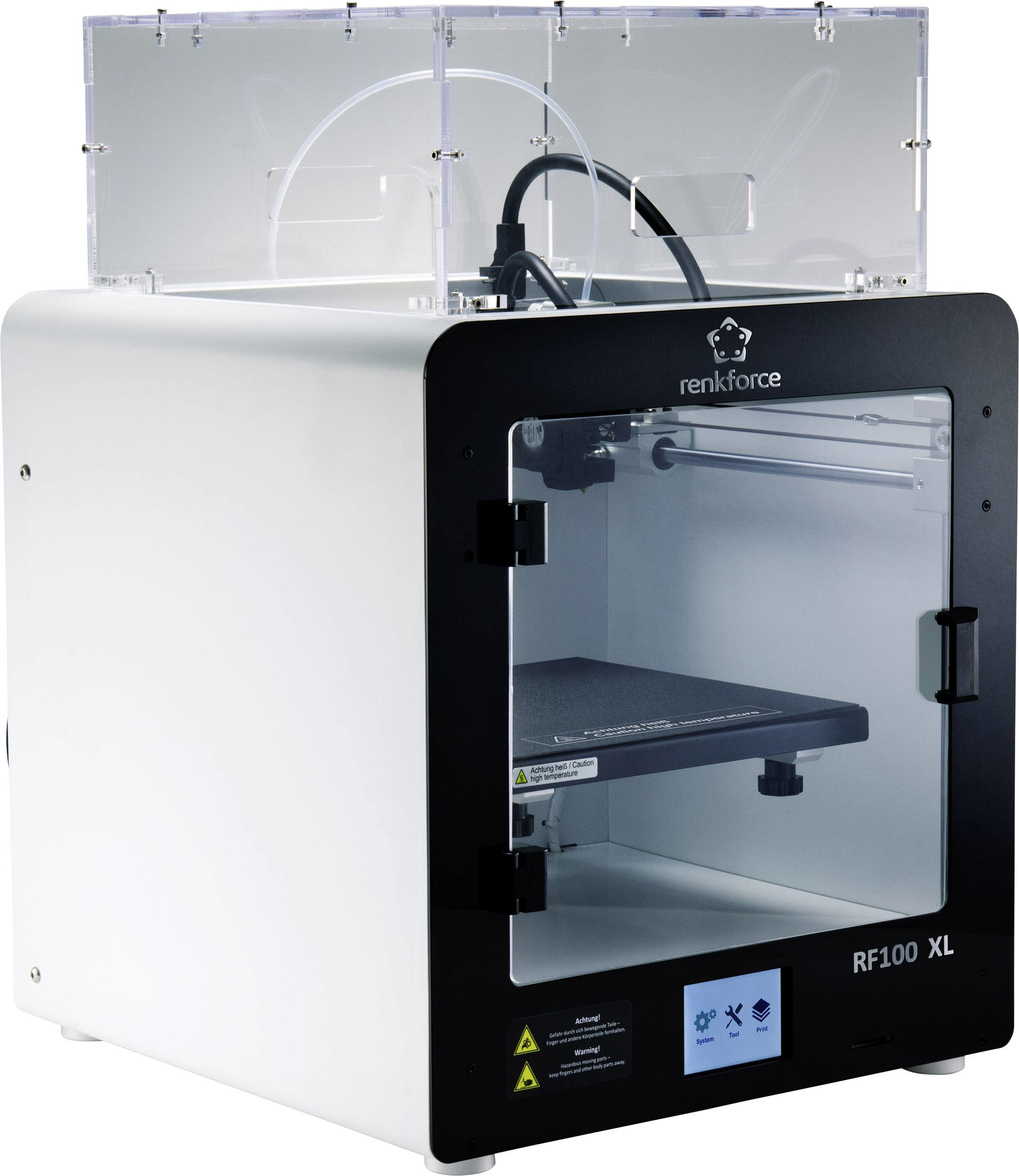 Weiß-schwarzer 3D-Drucker mit durchsichtiger Abdeckung. RF100 XL-Modell, schräge Ansicht.
