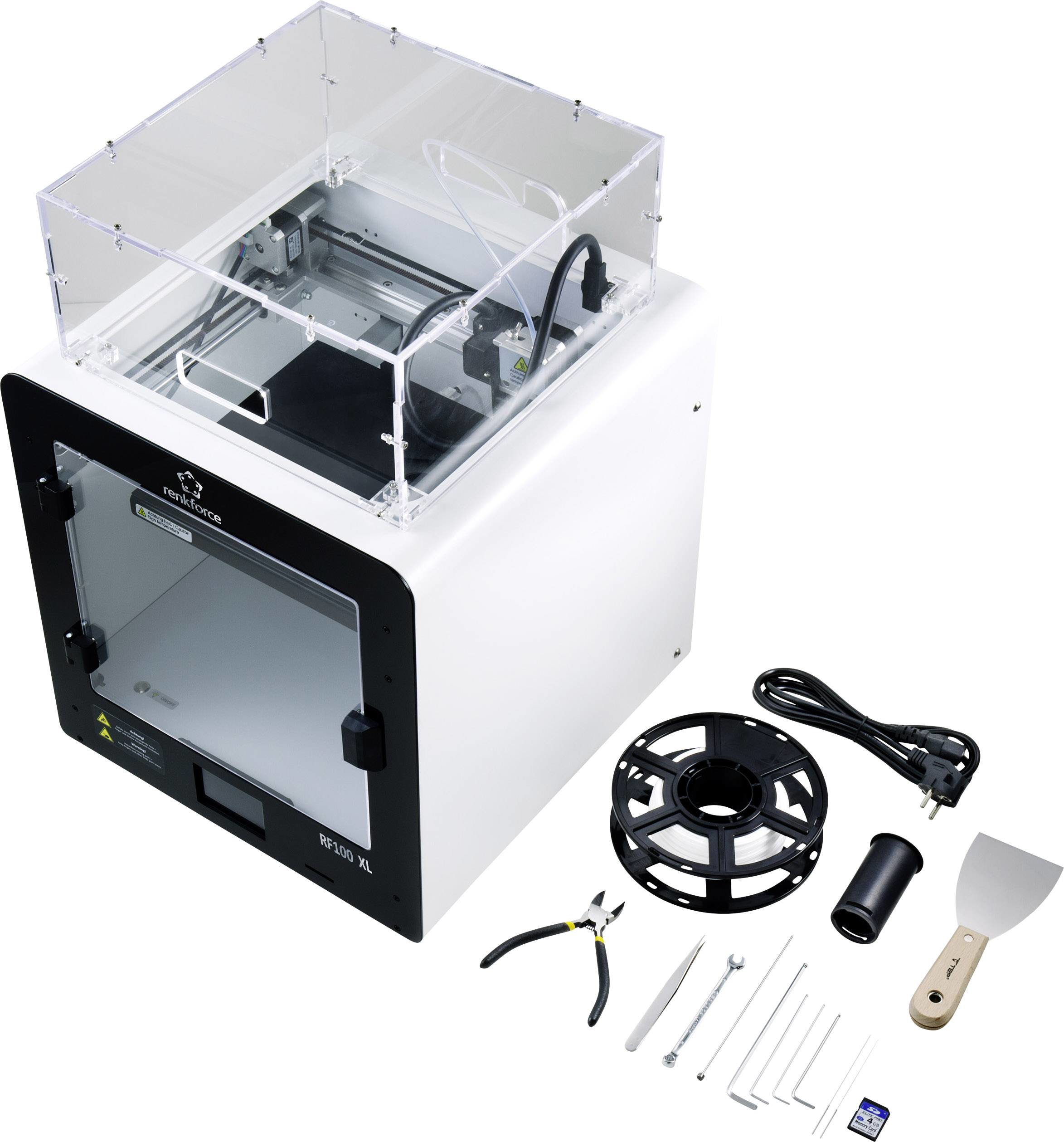3D-Drucker-Set mit Werkzeugen, Filament und einer transparenten oberen Abdeckung.