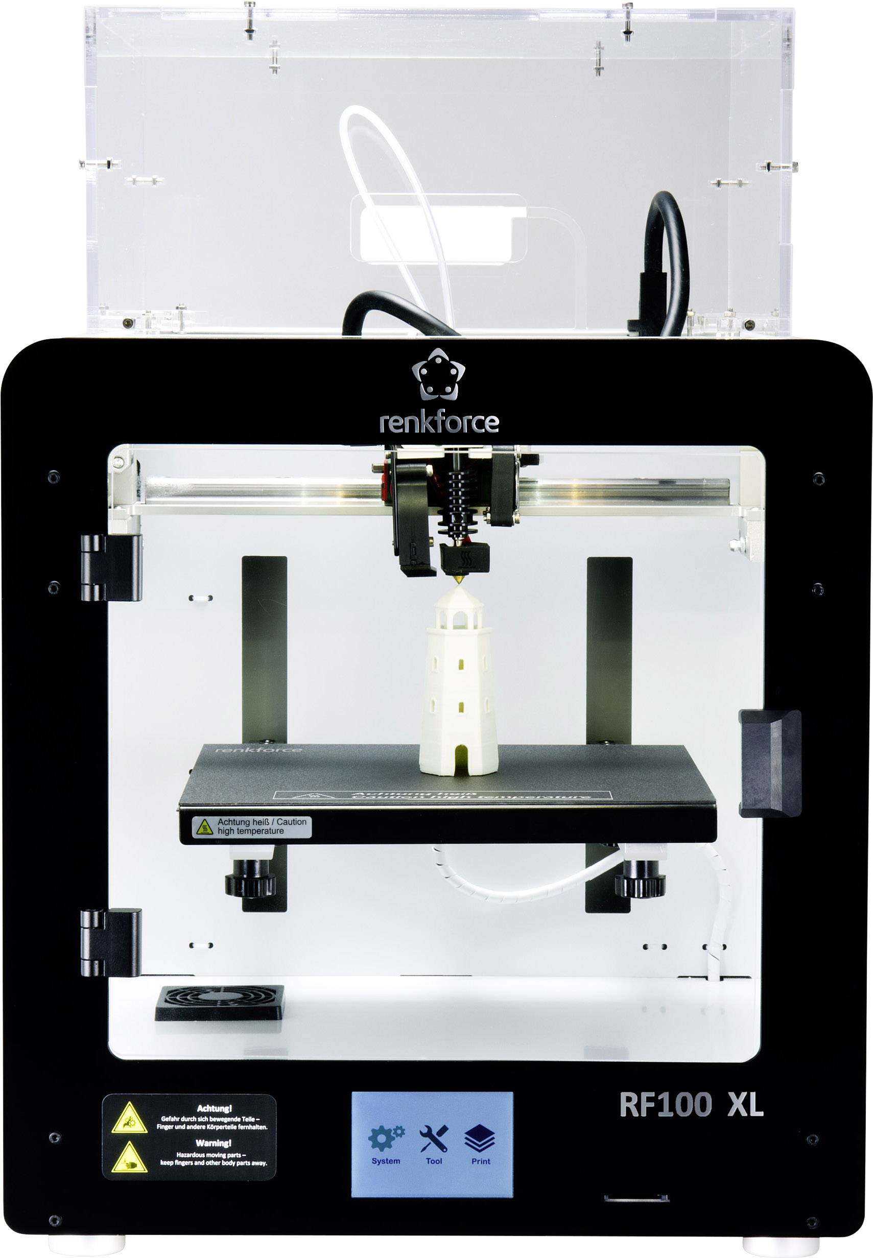3D-Drucker druckt weißen Leuchtturm. Transparente obere Abdeckung. Schwarzer Rahmen, weißer Körper.