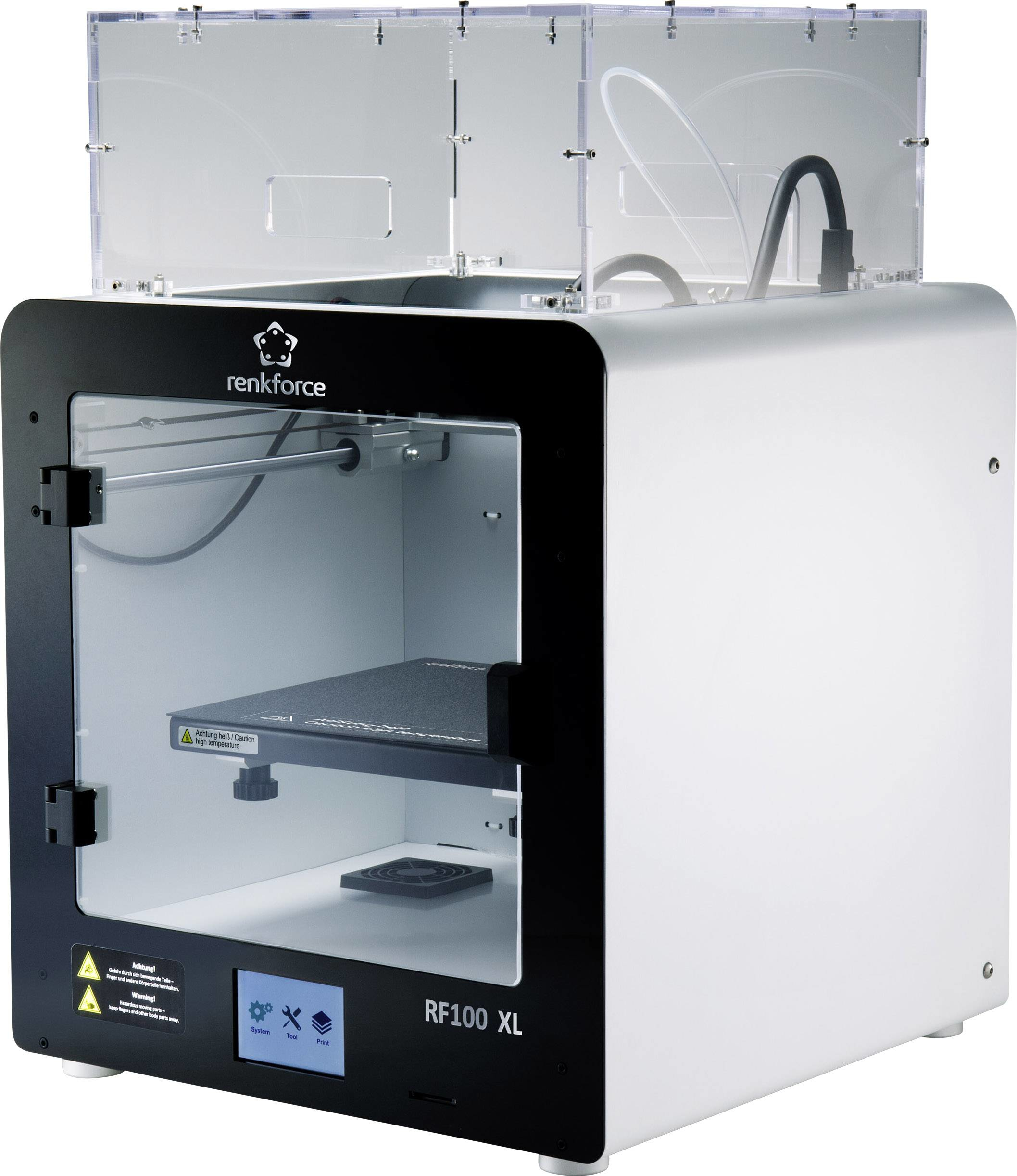 3D-Drucker, weiß mit klarer oberer Abdeckung. Die Maschine ist geschlossen.