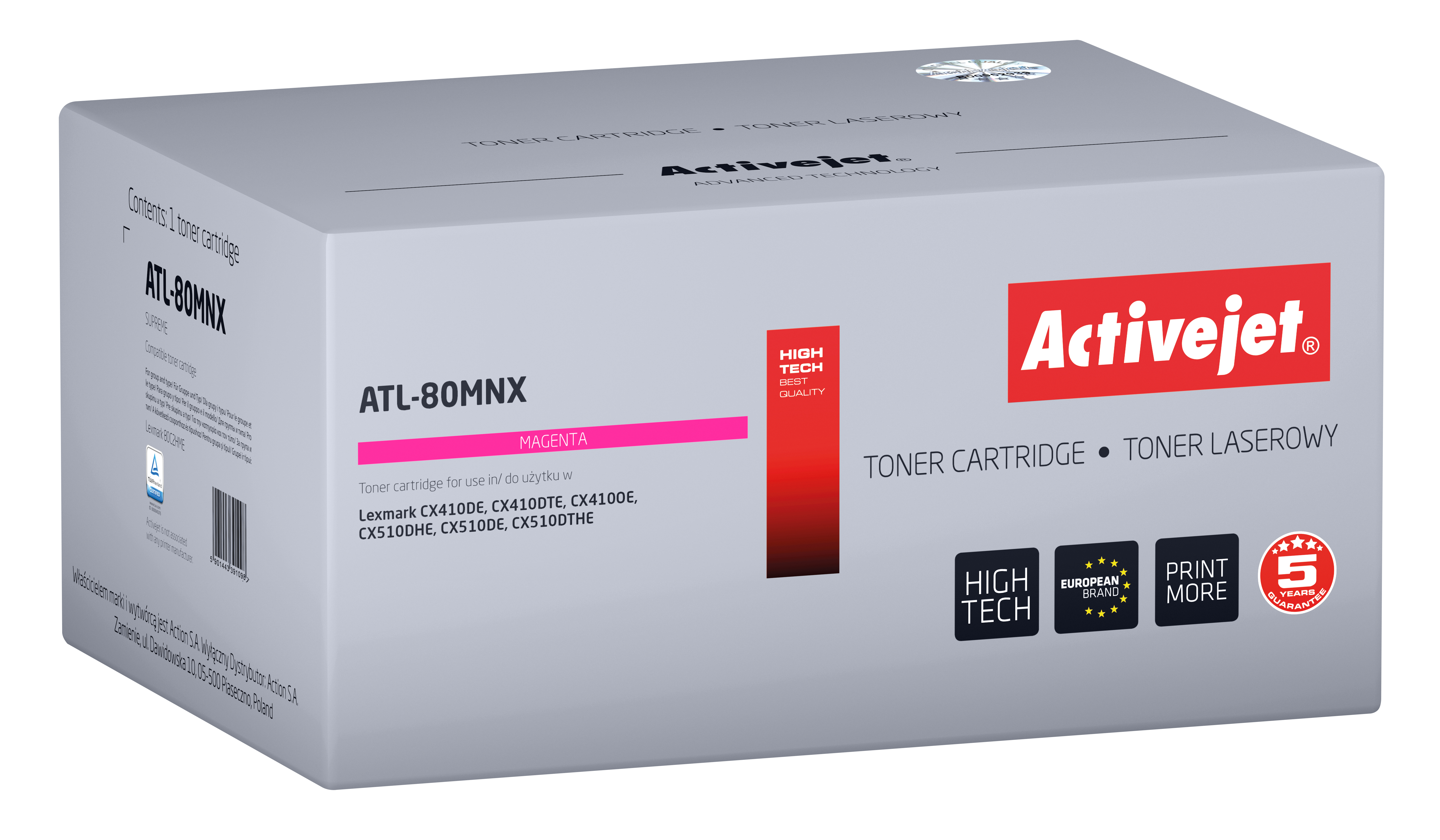 Scatola grigia della cartuccia toner con testo. Sfondo bianco. Marchio Activejet.